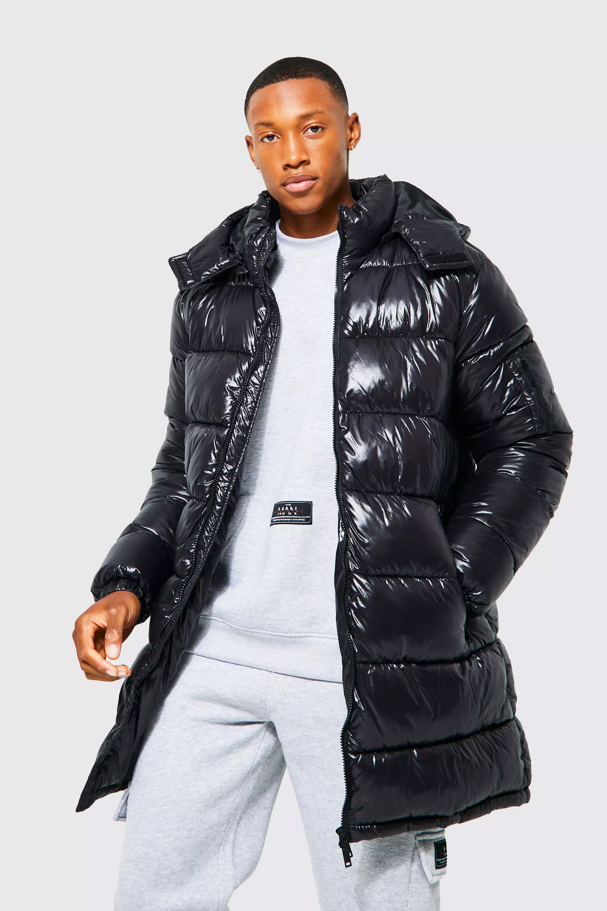 Black High Shine Hooded Longline Parka alternative image