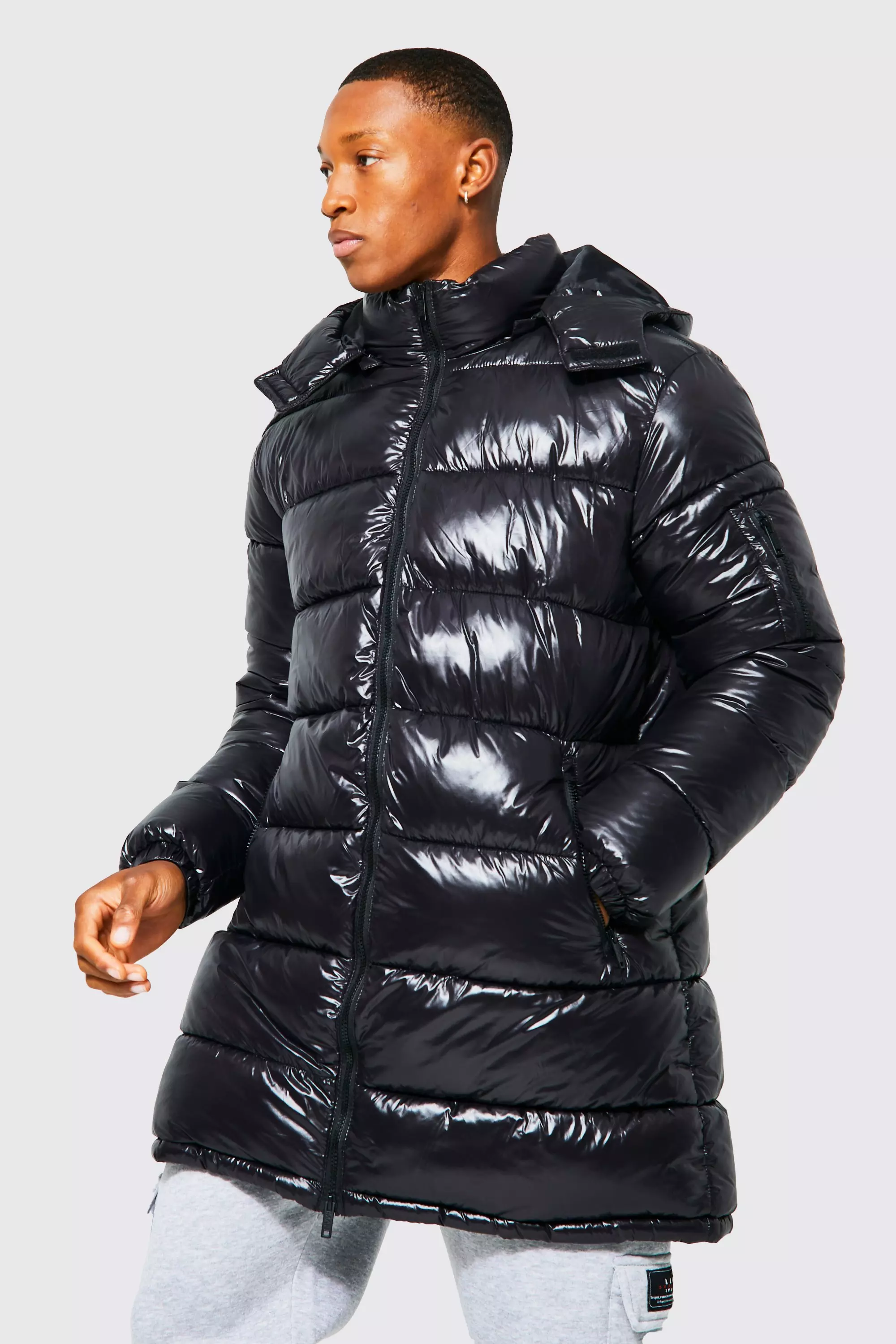Black High Shine Hooded Longline Parka alternative image