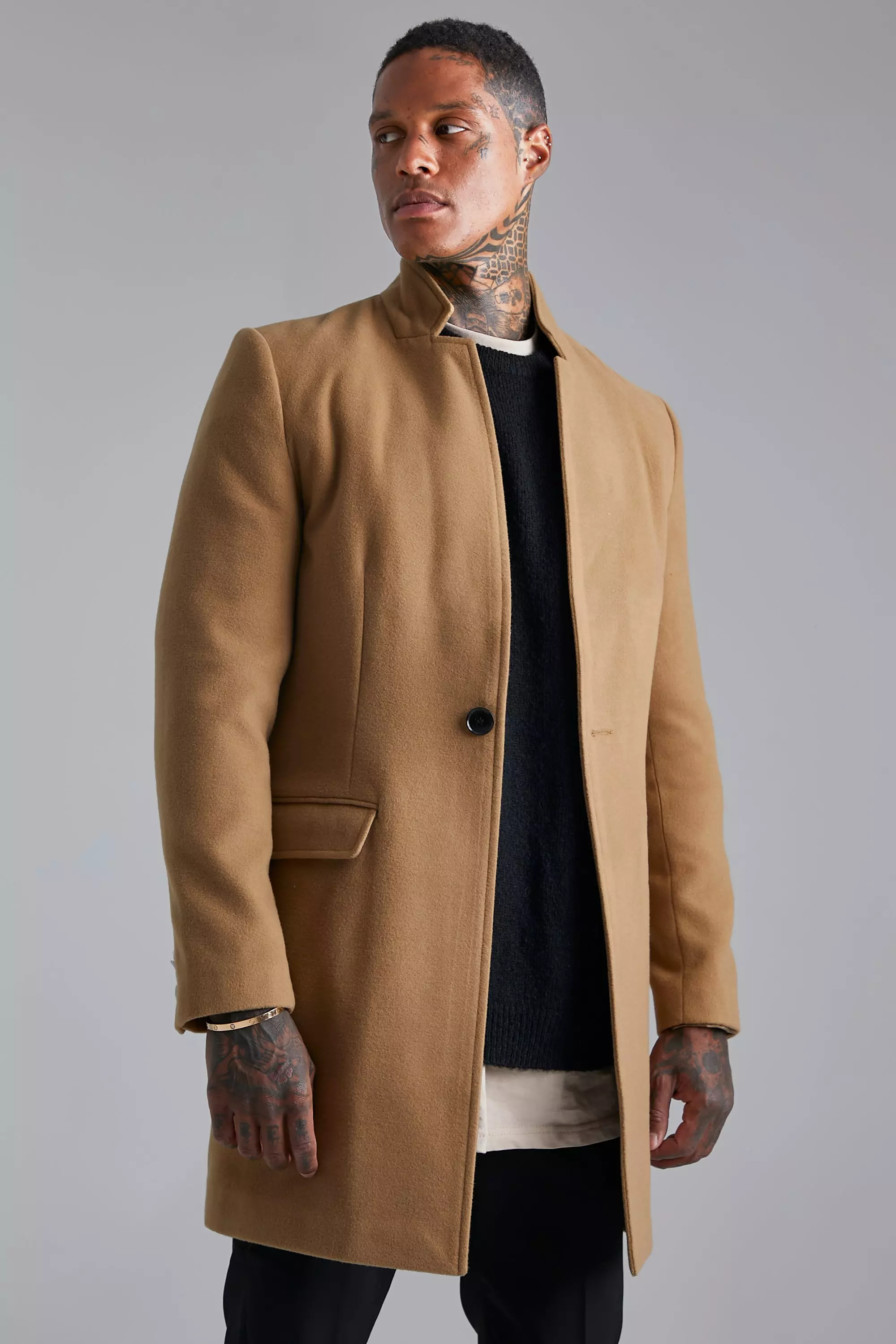 Camel Beige Stand Up Collar Smart Single Button