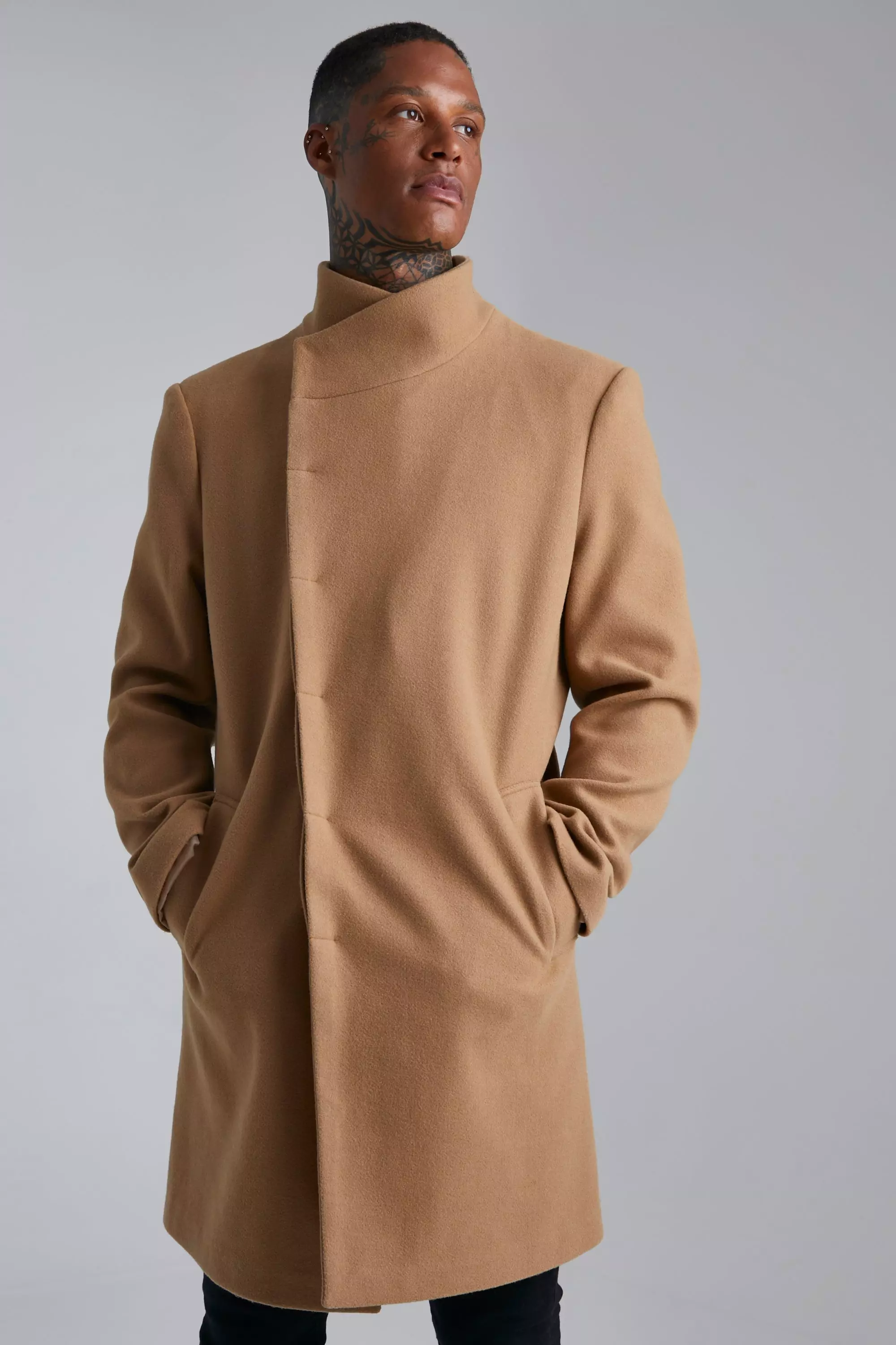 Mens black funnel neck coat best sale