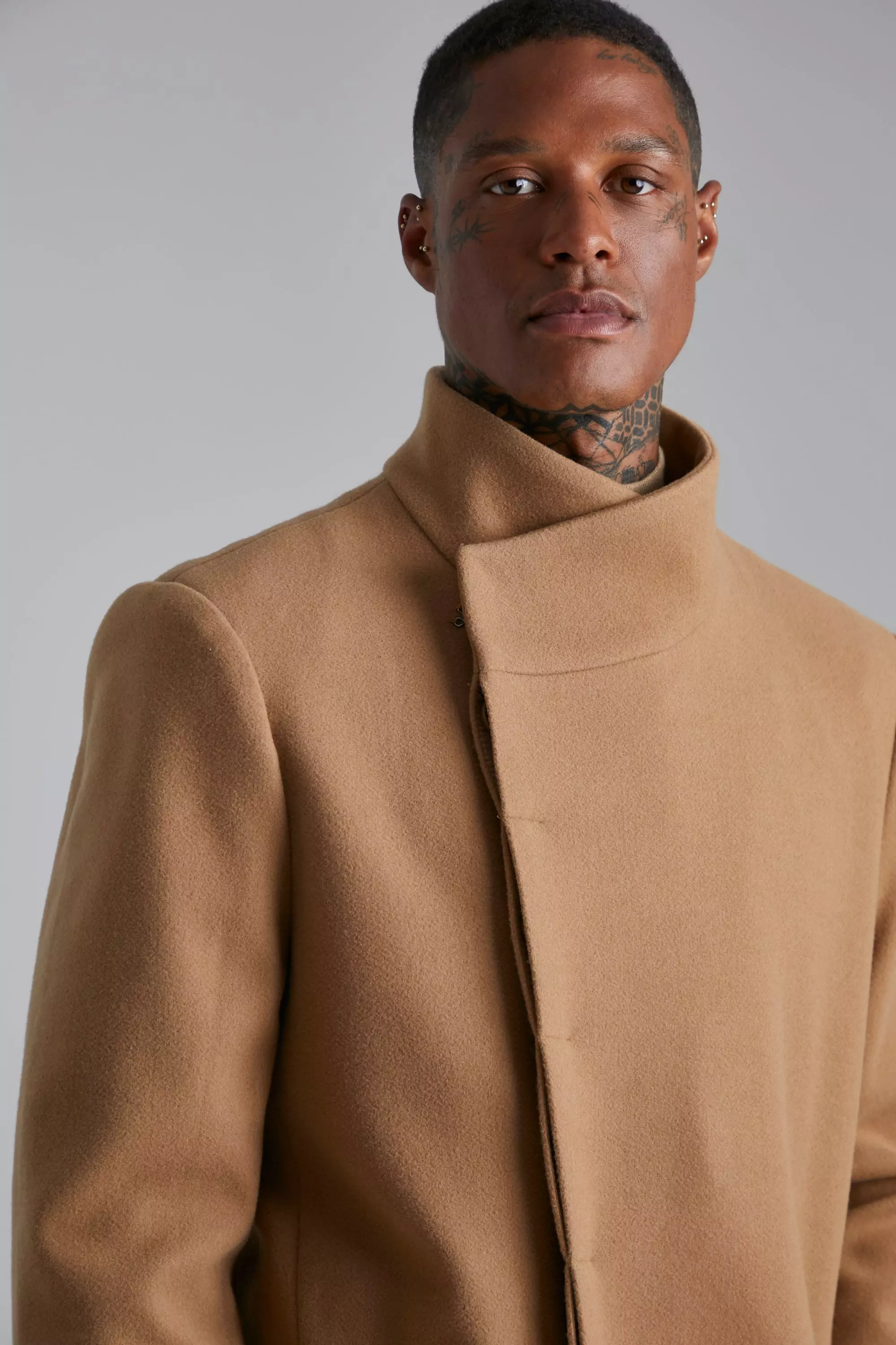 Funnel Neck Wool Look Overcoat boohooMAN