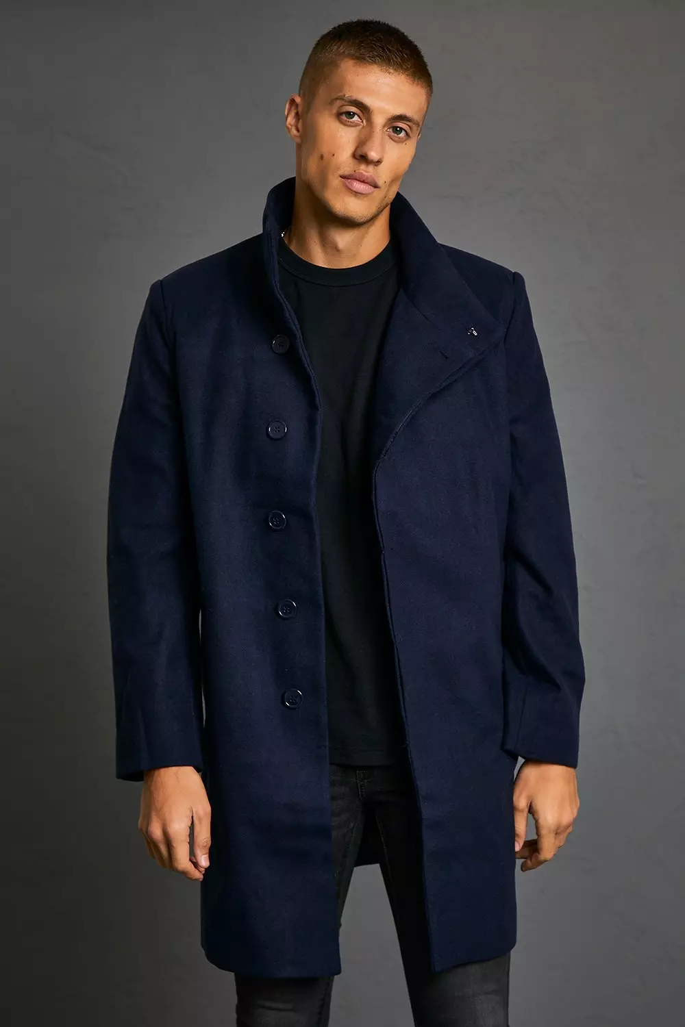 Navy Funnel Neck Wool Look Overcoat