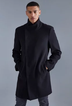 Funnel Neck Wool Look Overcoat Black