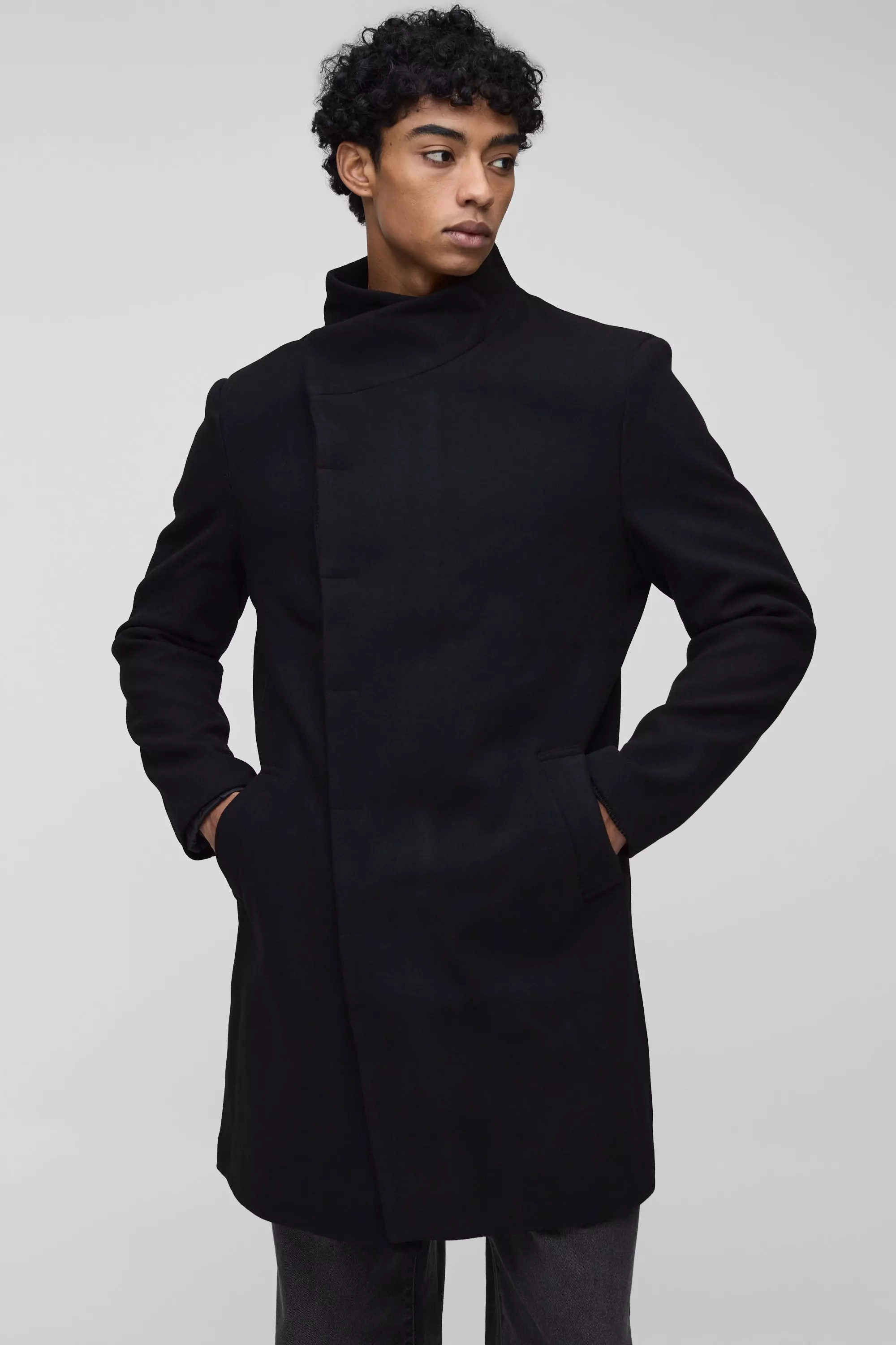 Black Funnel Neck Wool Look Overcoat in Black