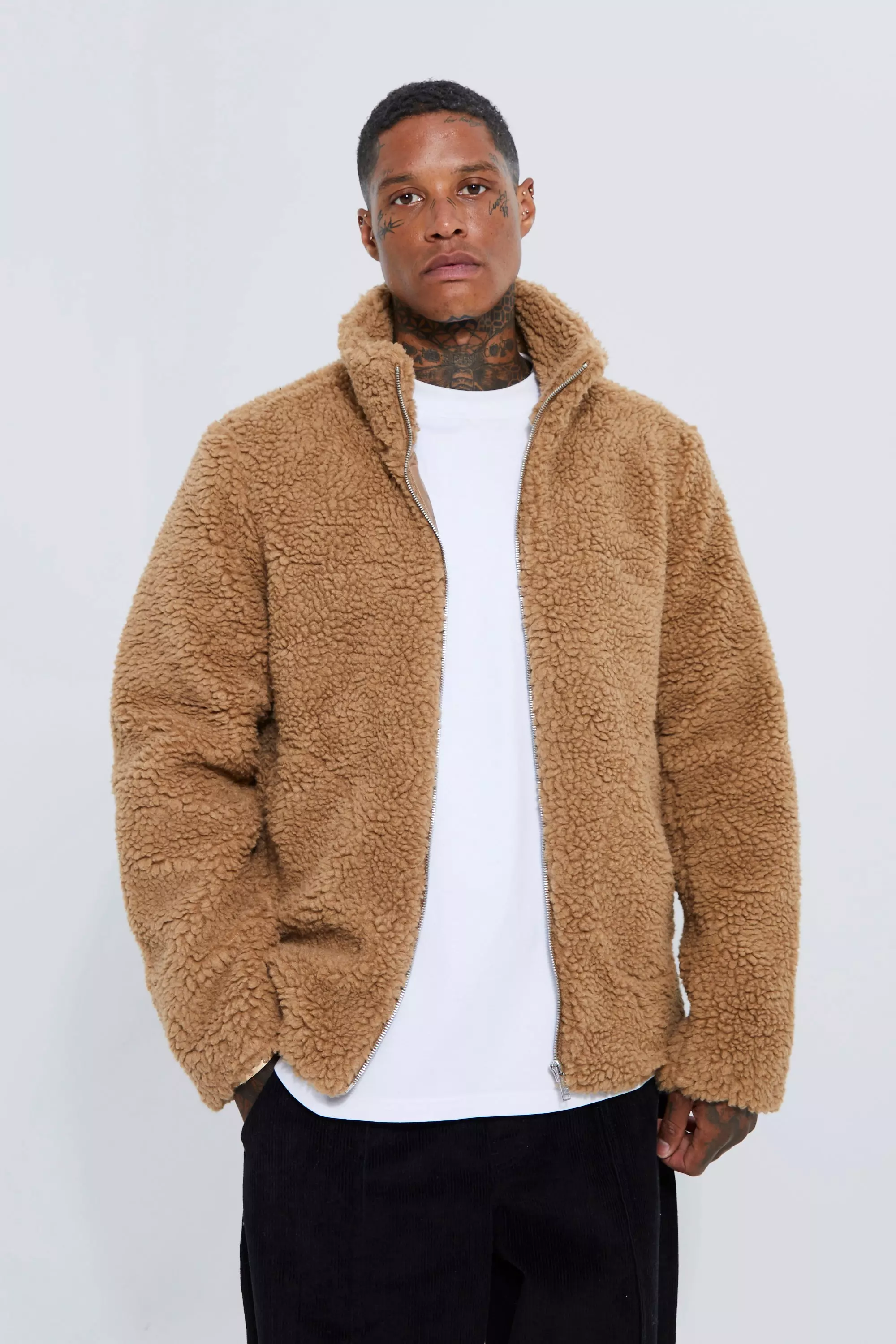 Borg Funnel Neck Jacket Tan