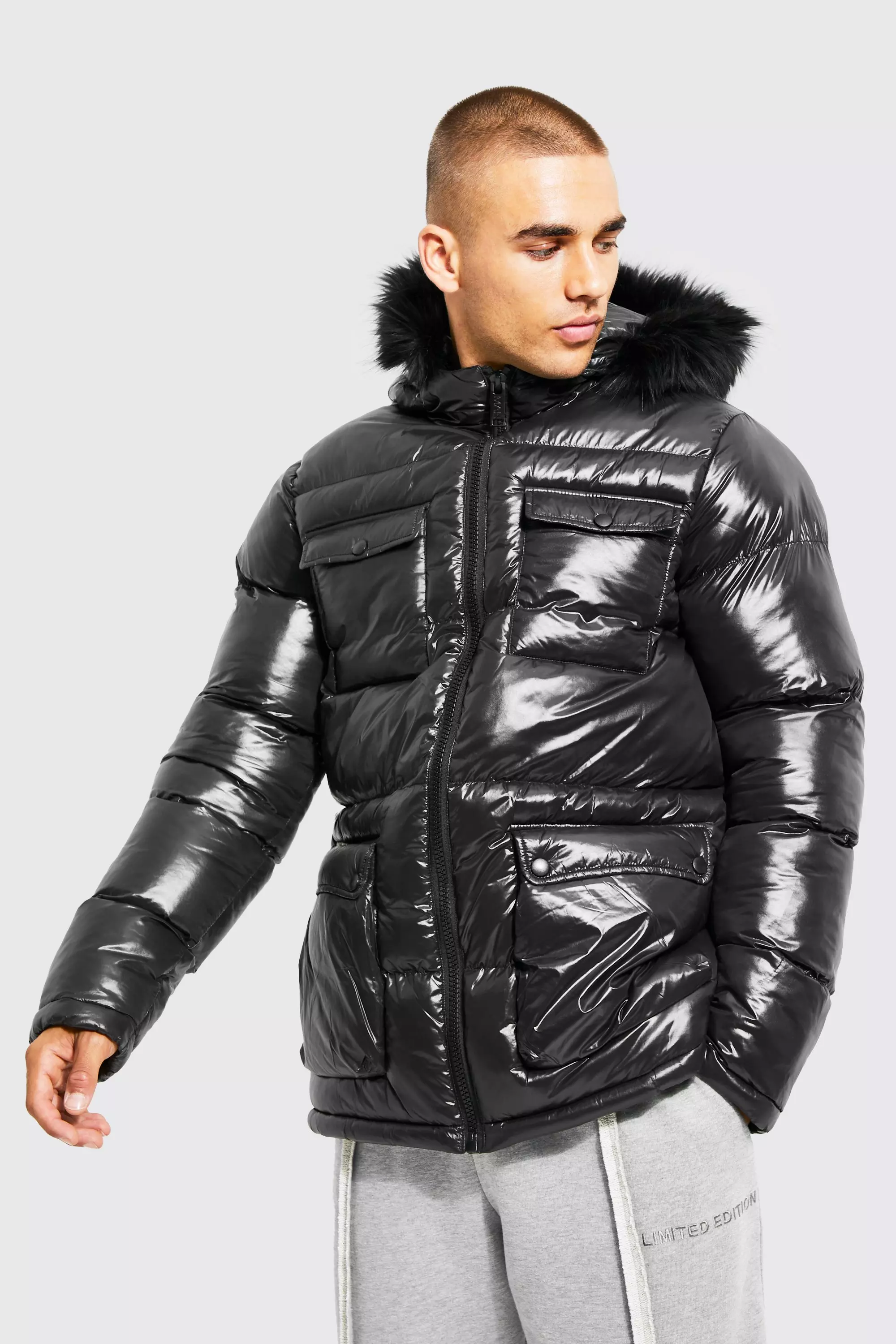 Black High Shine 4 Pocket Fur Trim Hood Parka alternative image