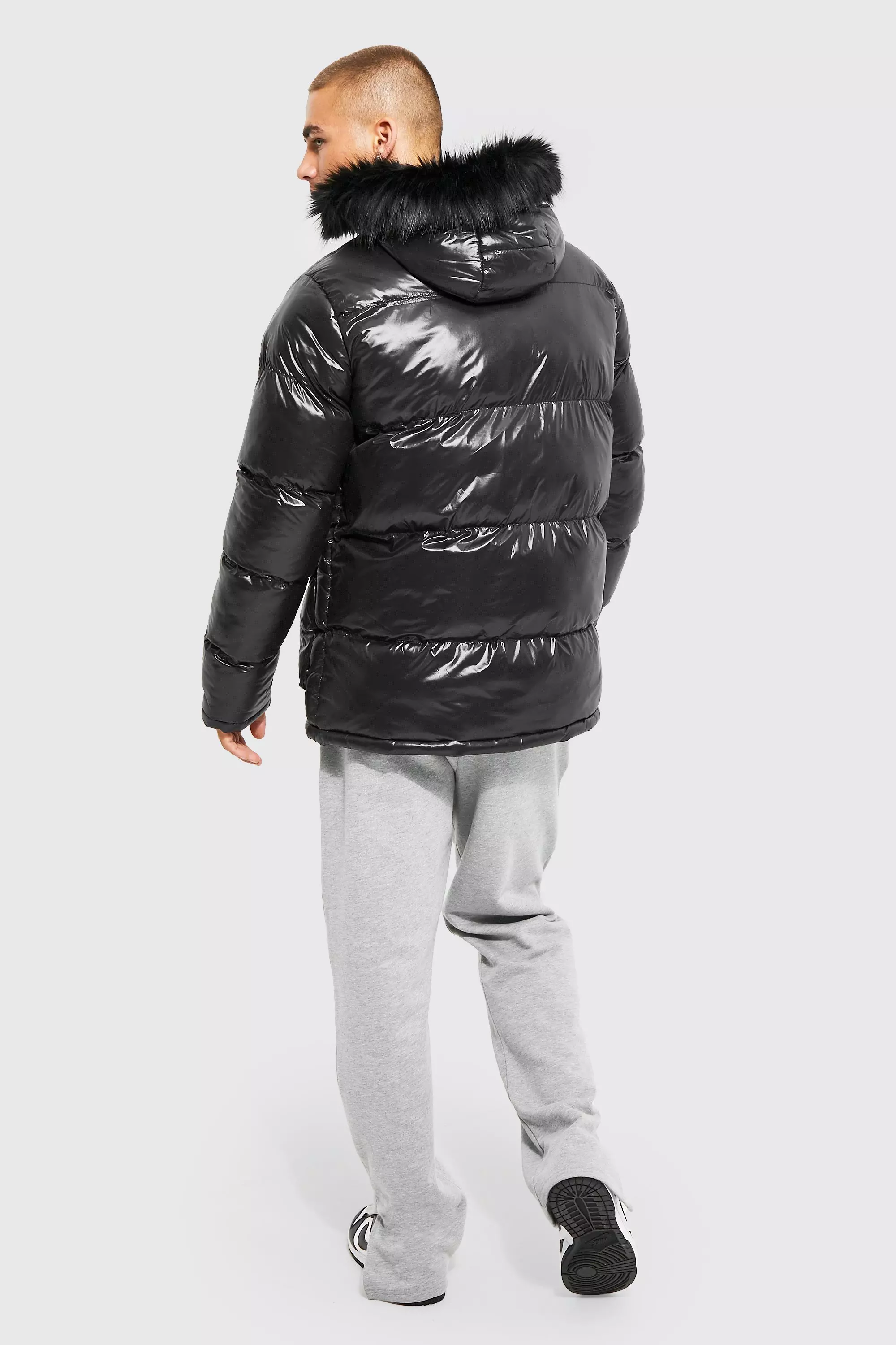 Black High Shine 4 Pocket Fur Trim Hood Parka alternative image