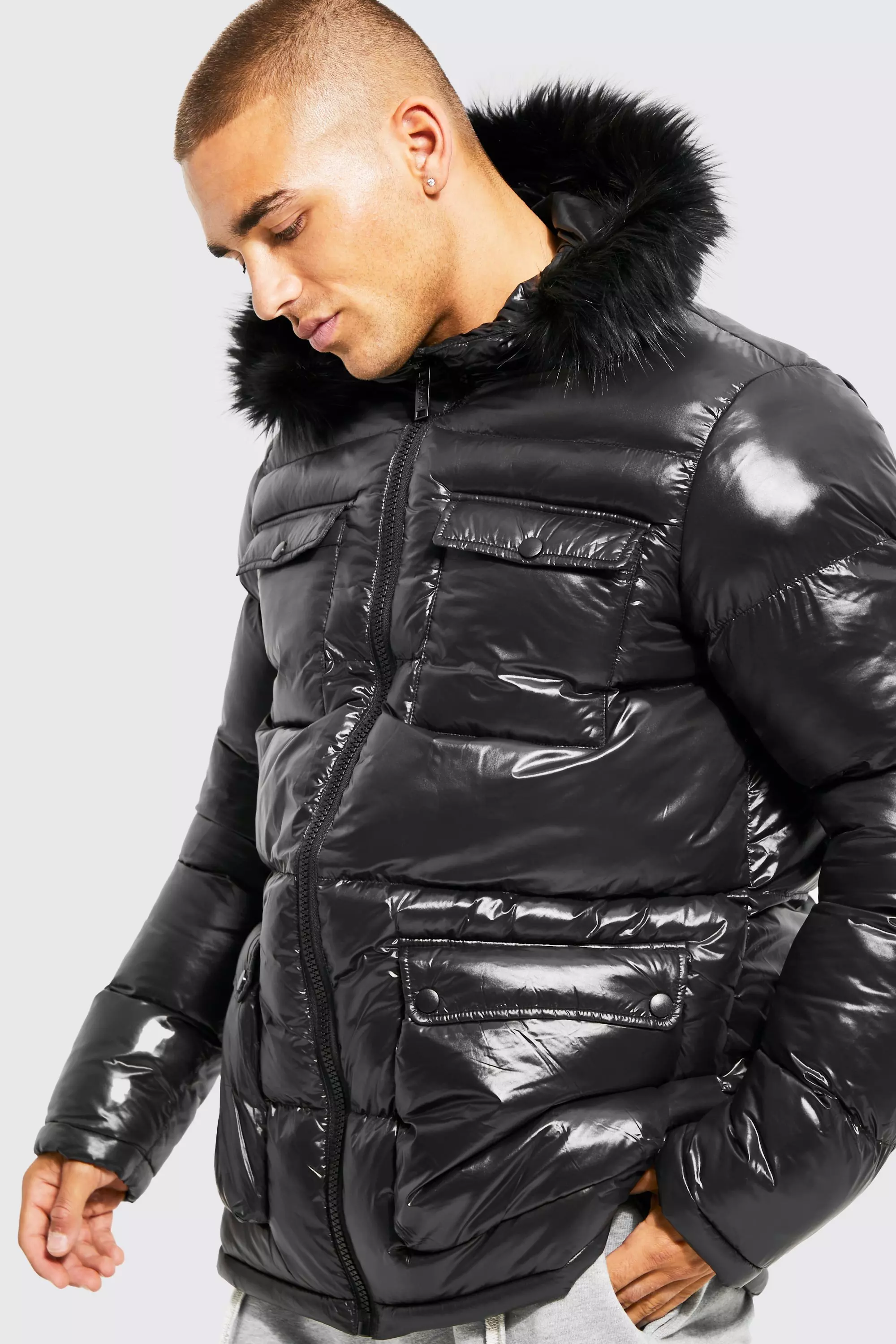 Black High Shine 4 Pocket Fur Trim Hood Parka alternative image