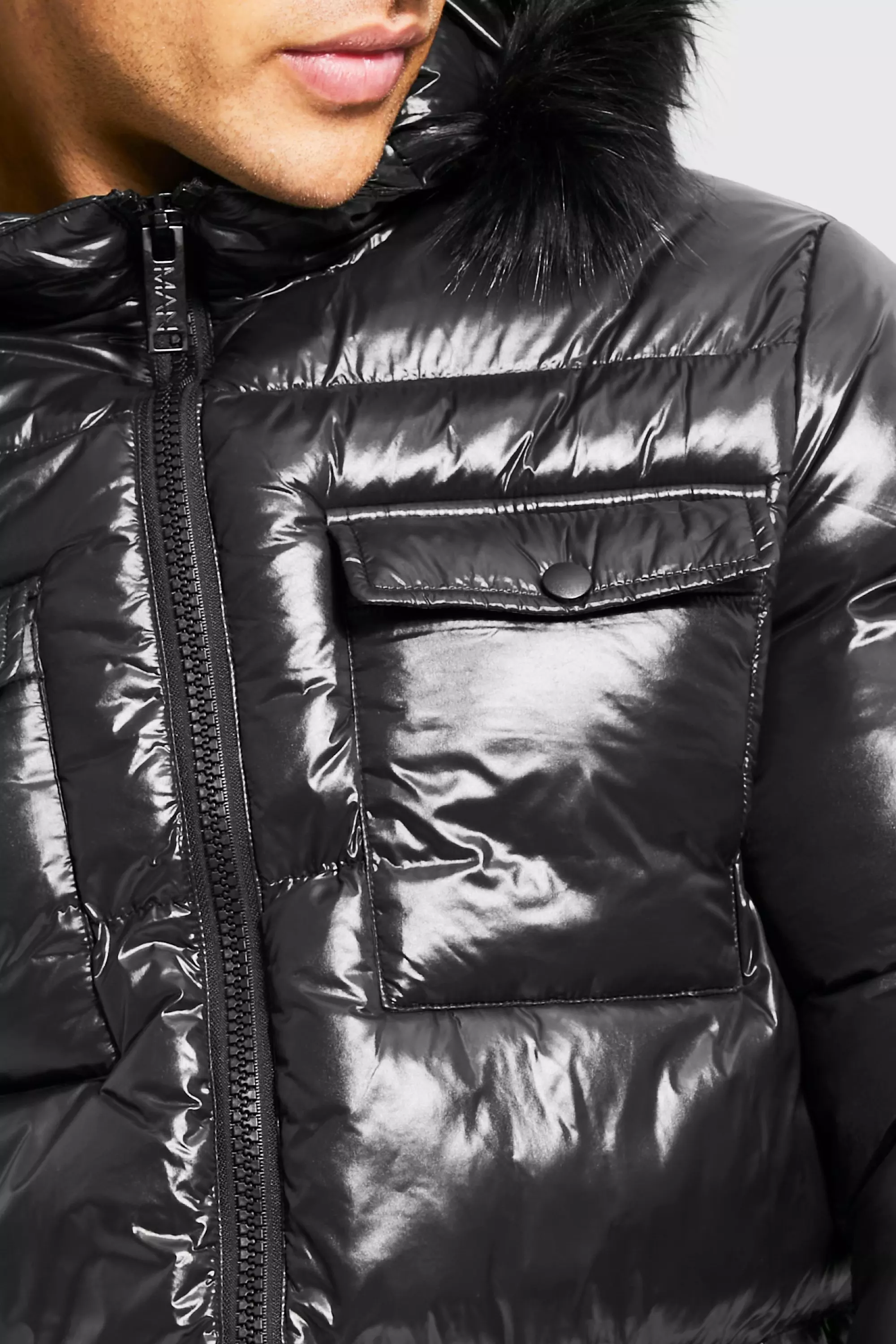 Black High Shine 4 Pocket Fur Trim Hood Parka alternative image