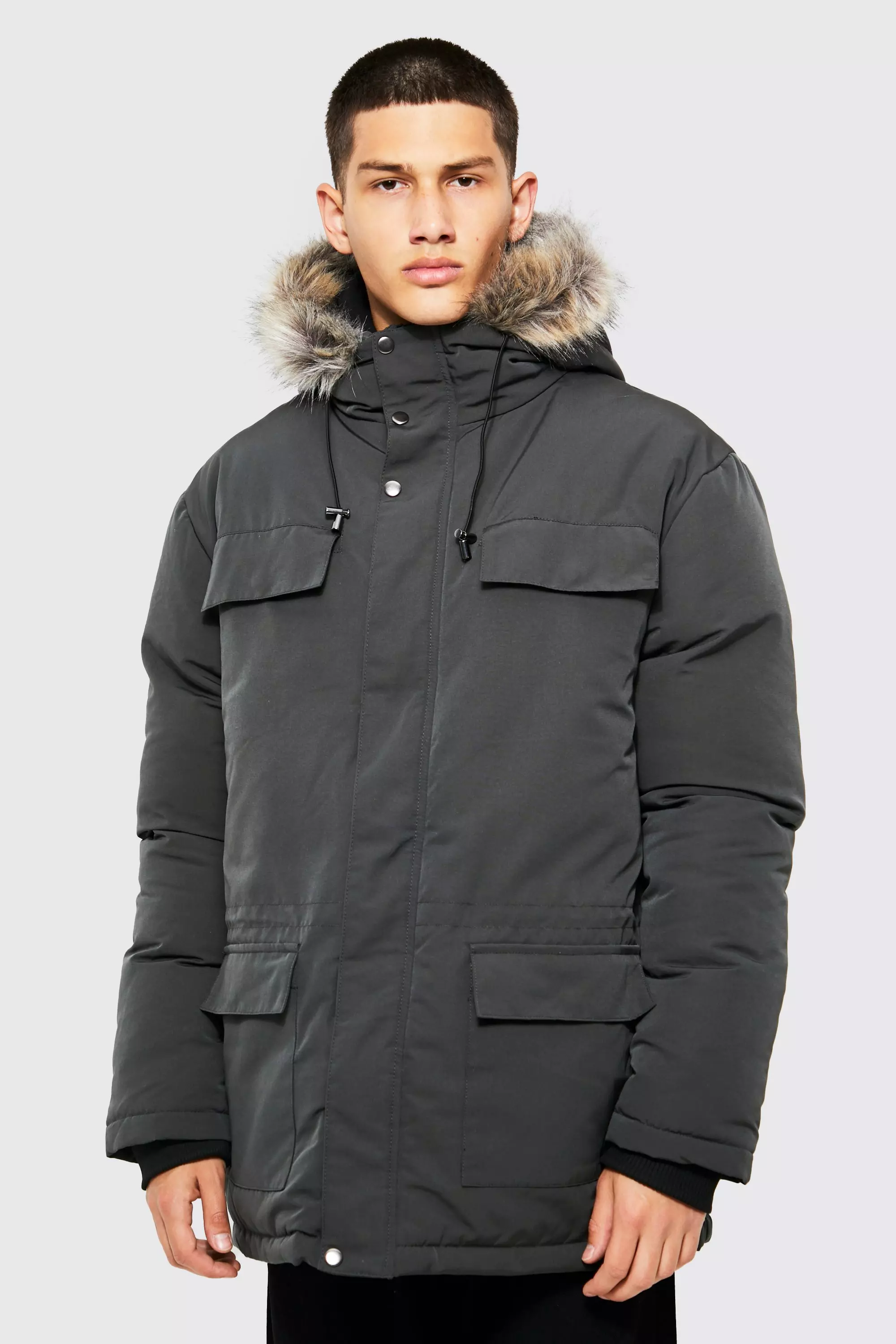 Faux Fur Hooded Arctic Parka Charcoal