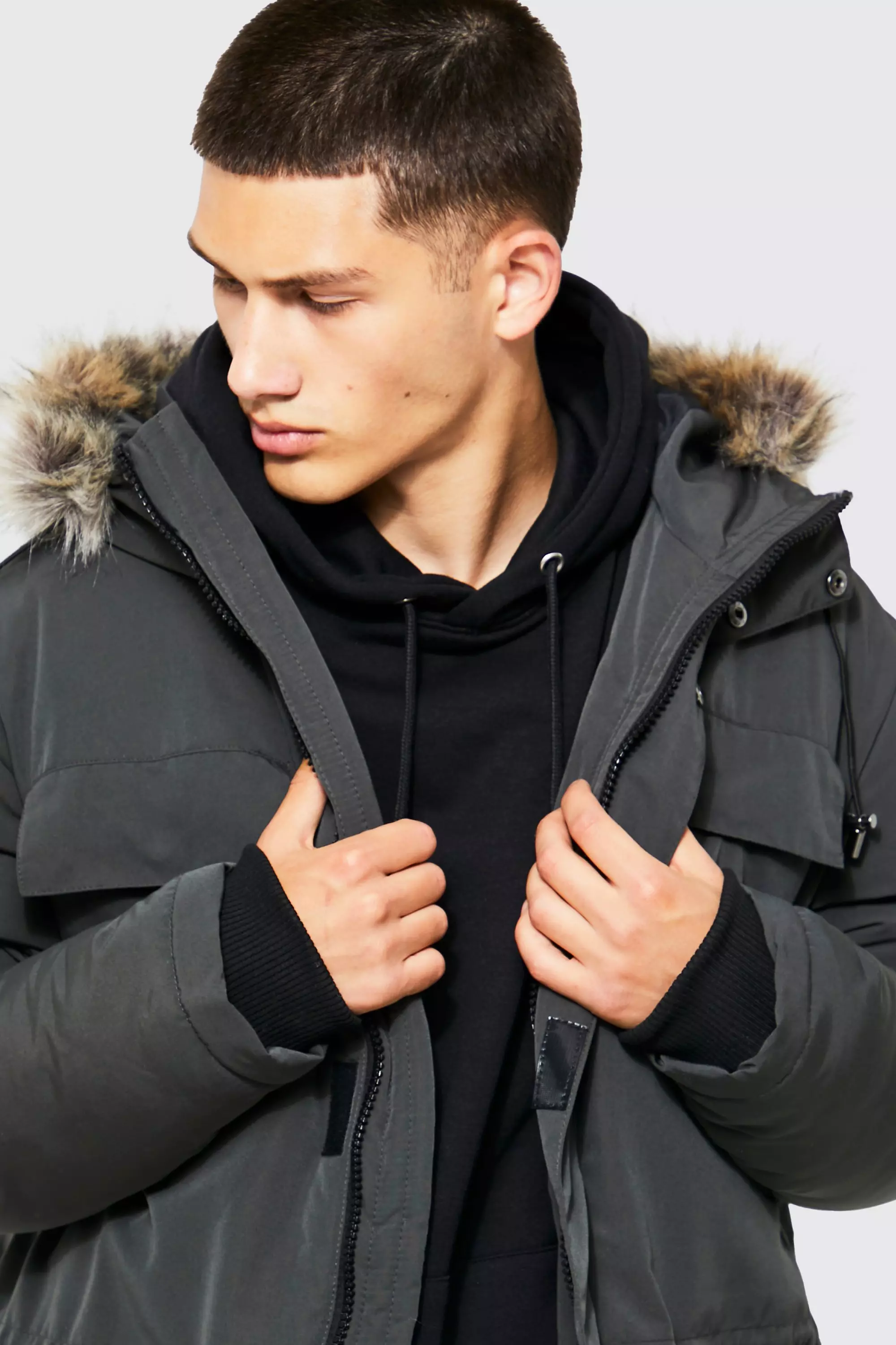 Charcoal Faux Fur Hooded Arctic Parka alternative image