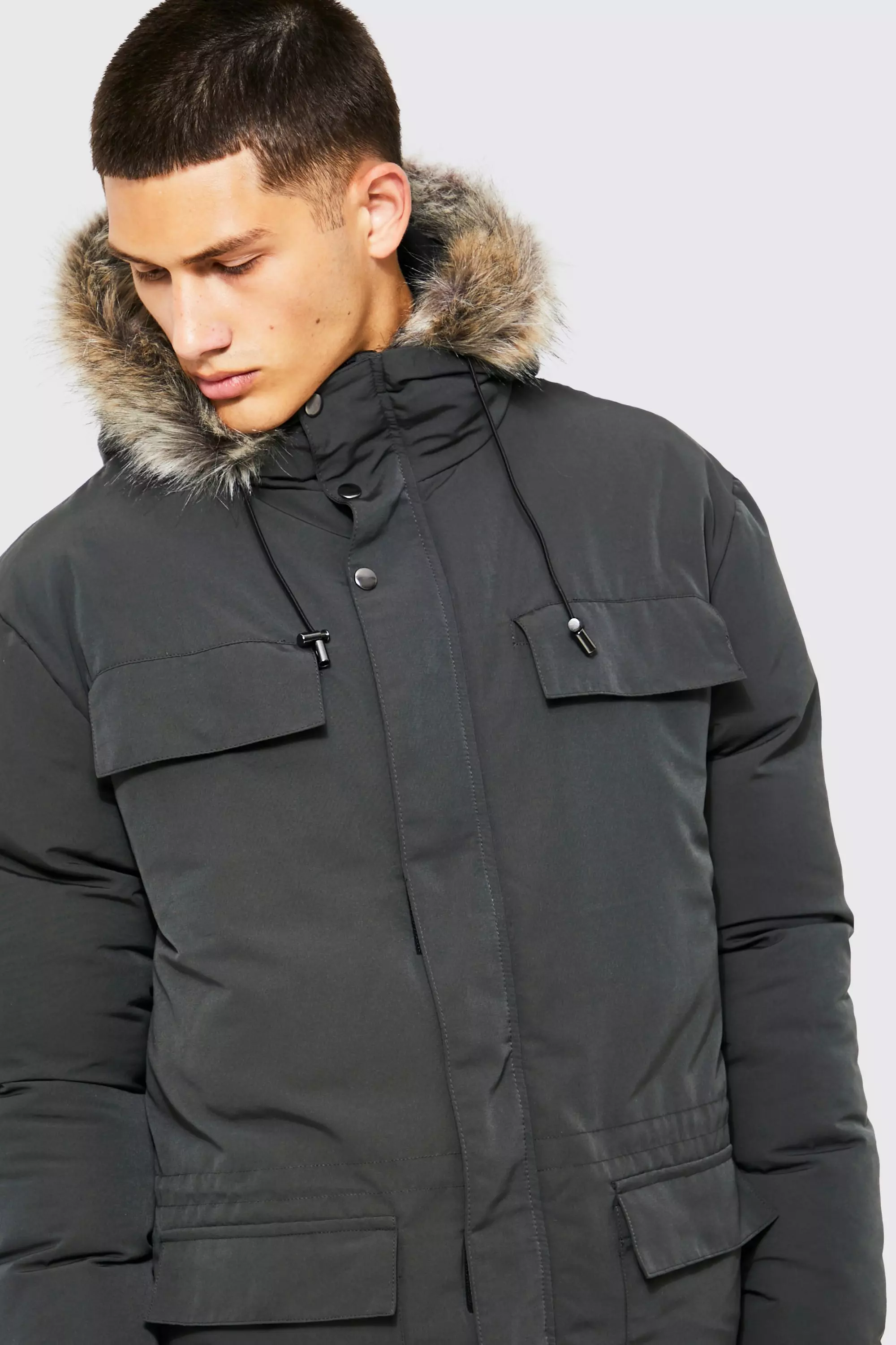 Charcoal Faux Fur Hooded Arctic Parka alternative image