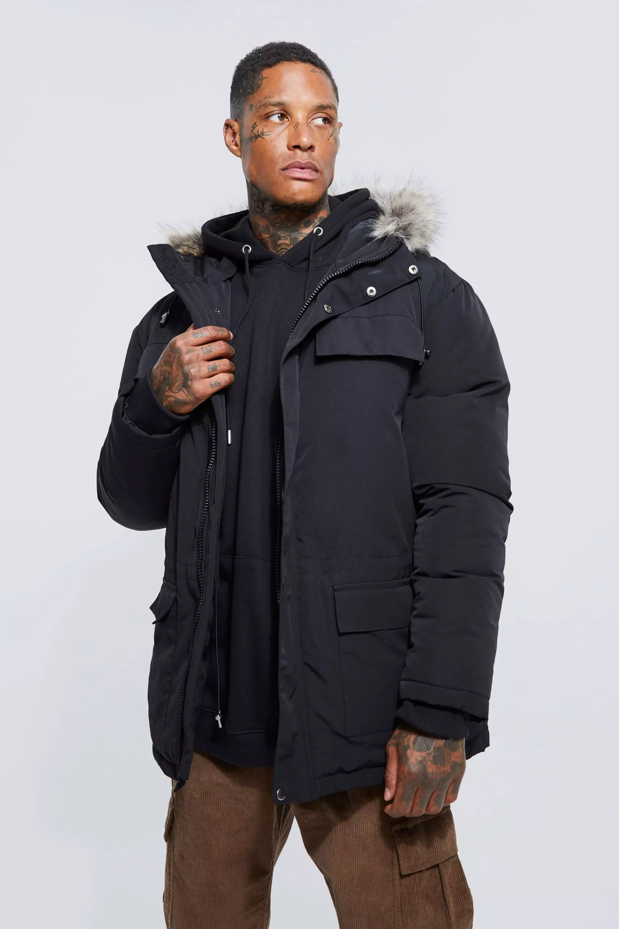 Black Faux Fur Hooded Arctic Parka