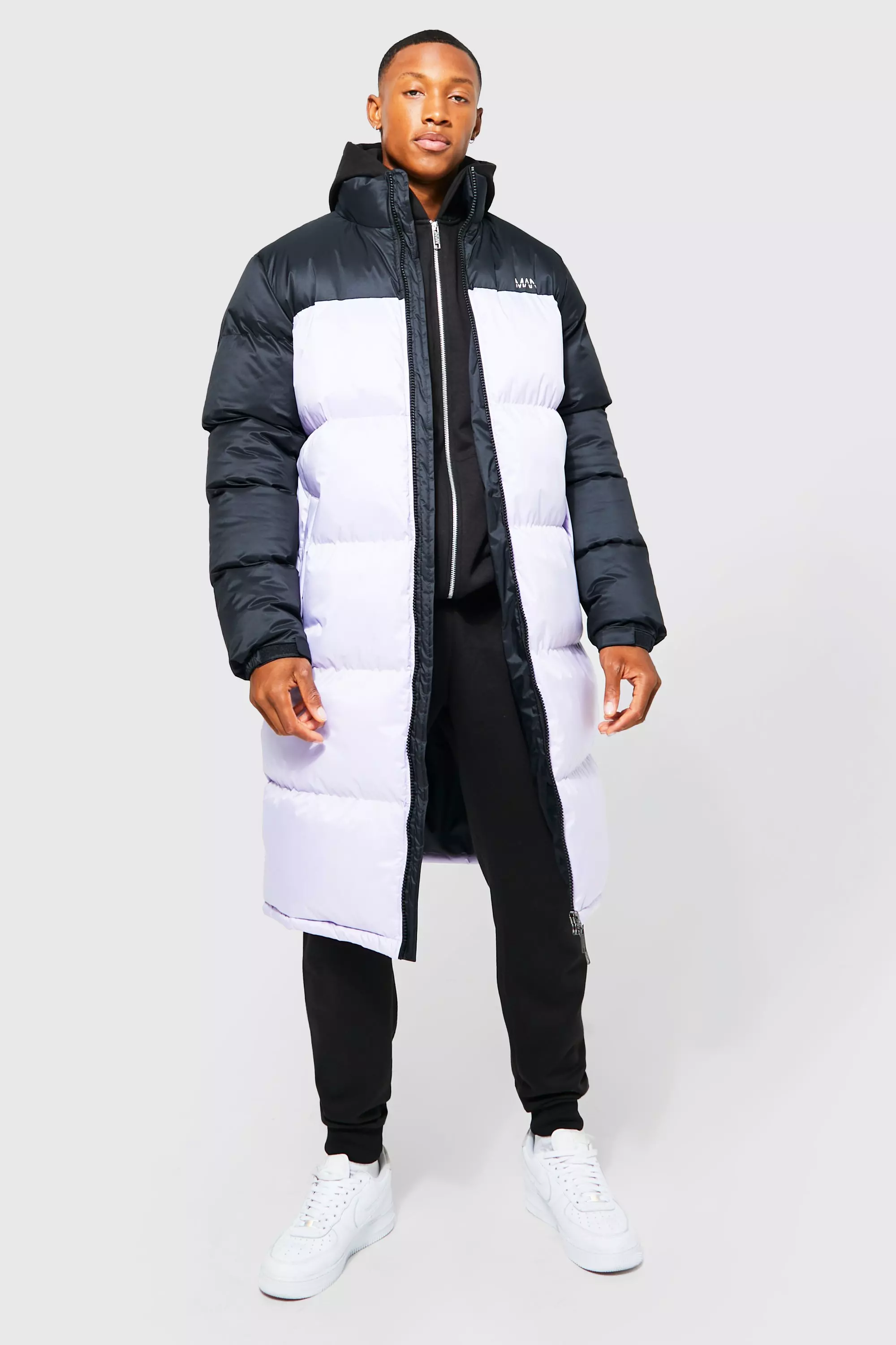 Man Dash Colour Block Longline Puffer boohooMAN USA