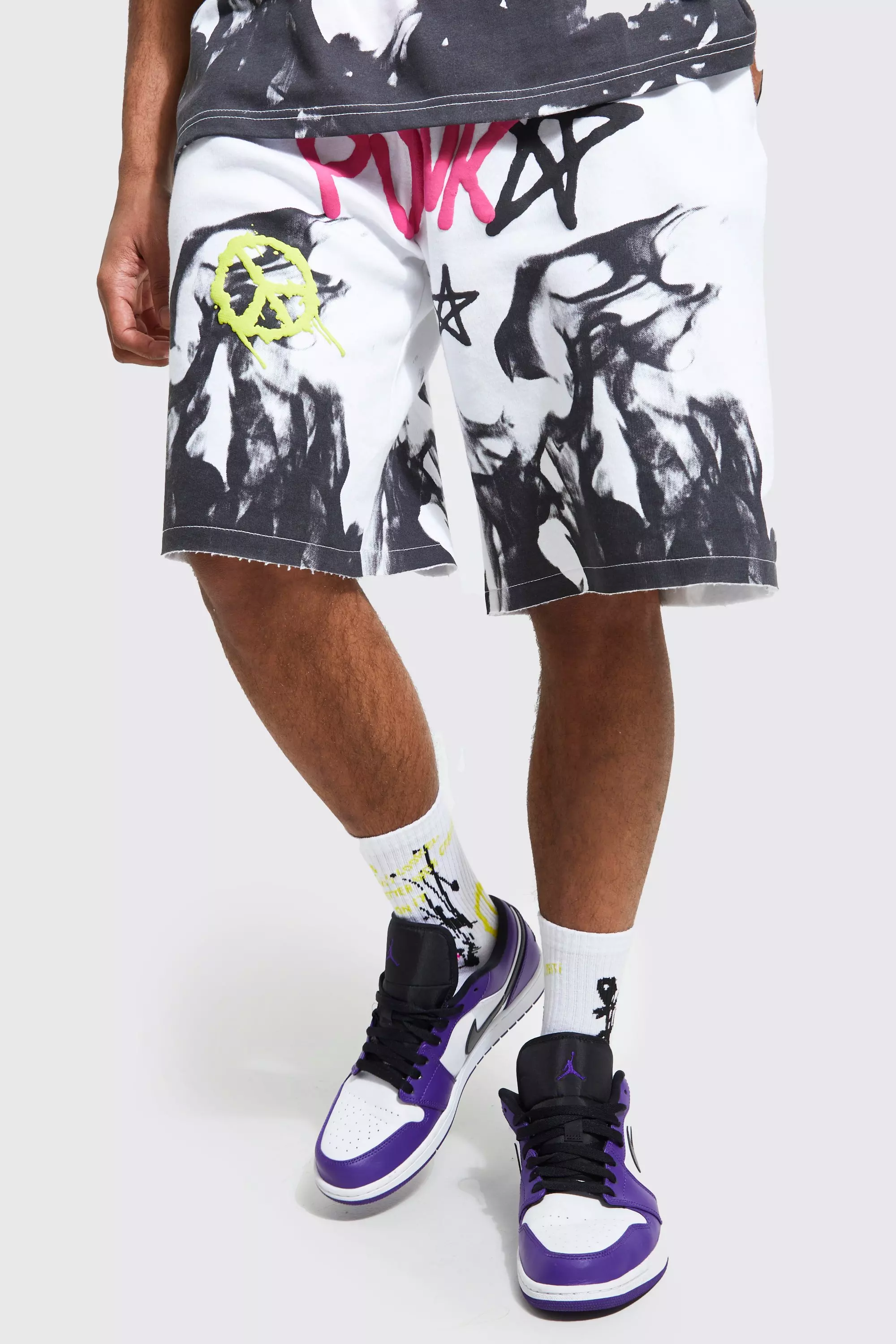 Oversized Flame Graphic Jersey Shorts White