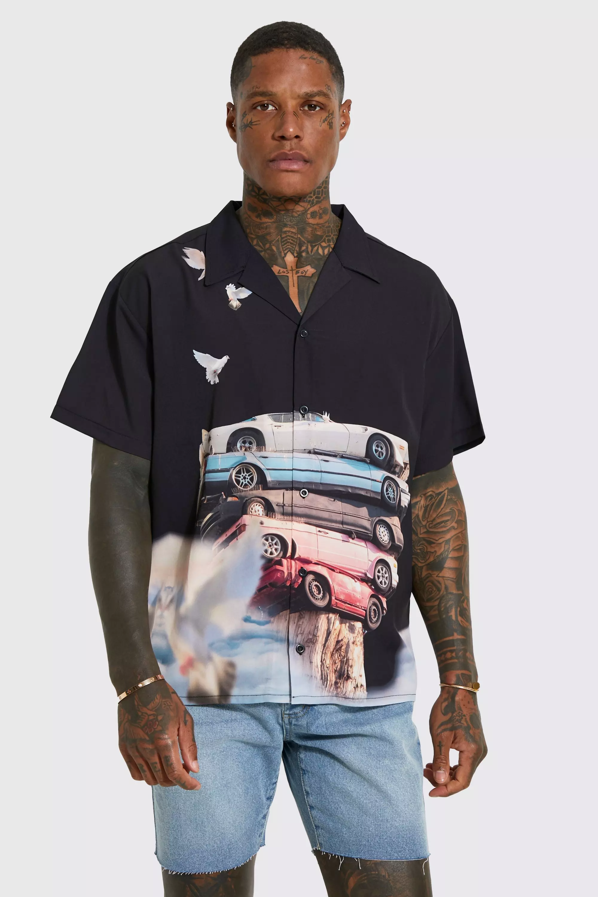 Boxy Fit Revere Graphic Car Print Shirt boohooMAN