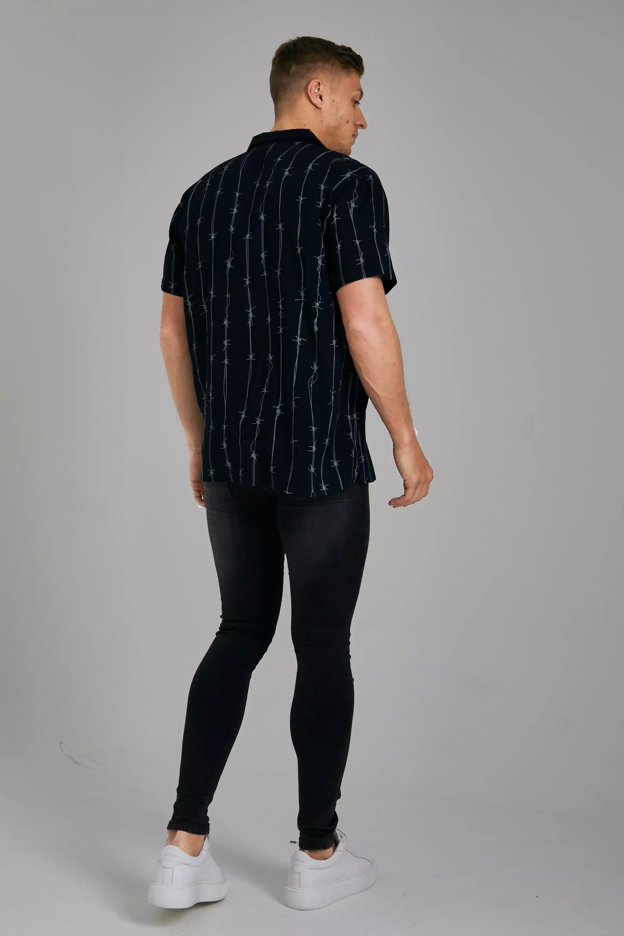 Oversized Viscose Barbed Wire Striped Shirt | boohooMAN USA