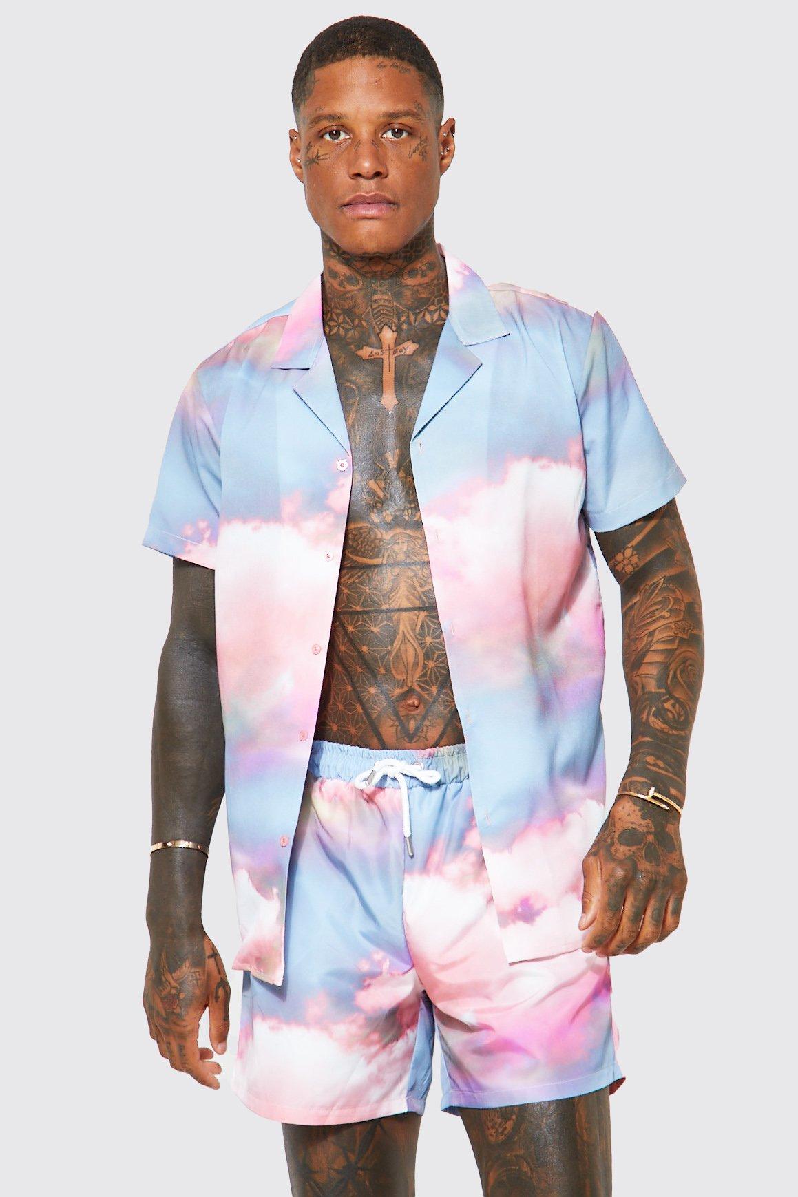 Cloud Print Shirt And Swim Trunks Set