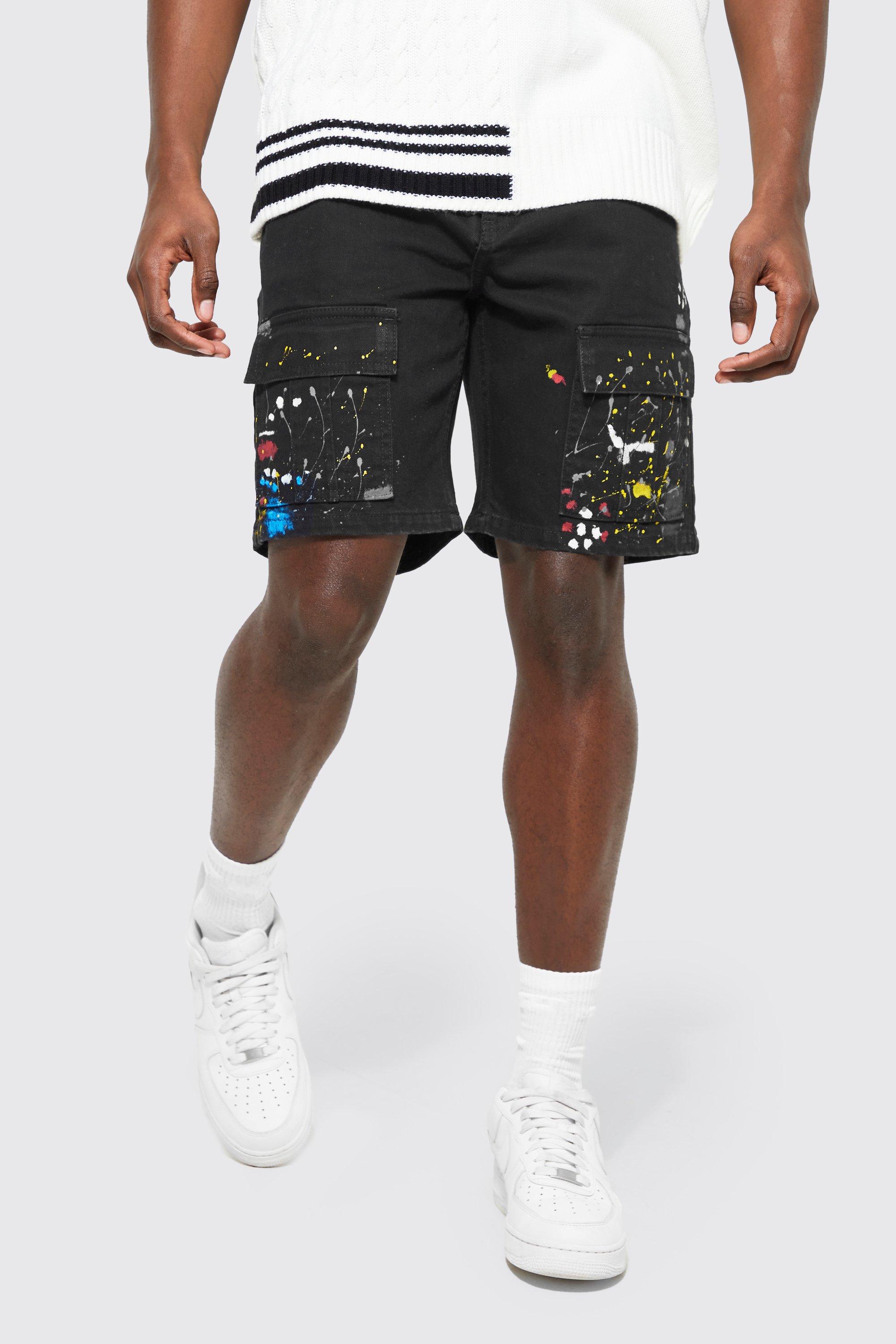 Straight Leg Twill Paint Cargo Shorts | boohooMAN USA