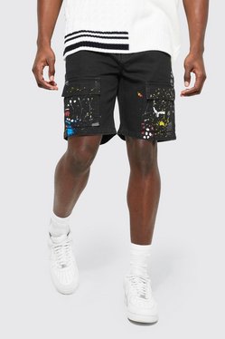 Mens Clothing Shorts Cargo shorts BoohooMAN Denim Straight Leg Twill Paint Cargo Shorts in Black for Men 