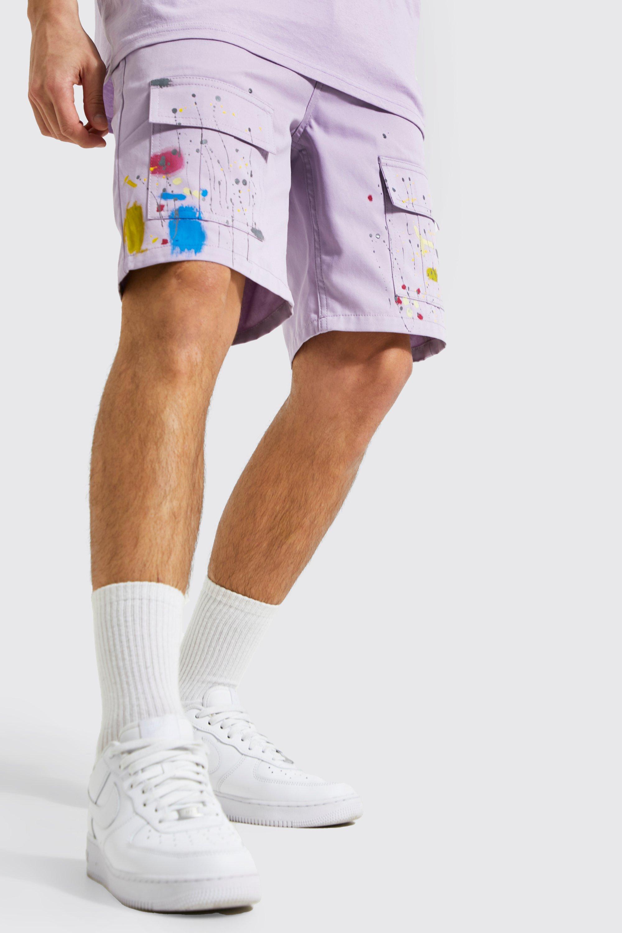 Straight Leg Twill Paint Cargo Shorts | boohooMAN USA