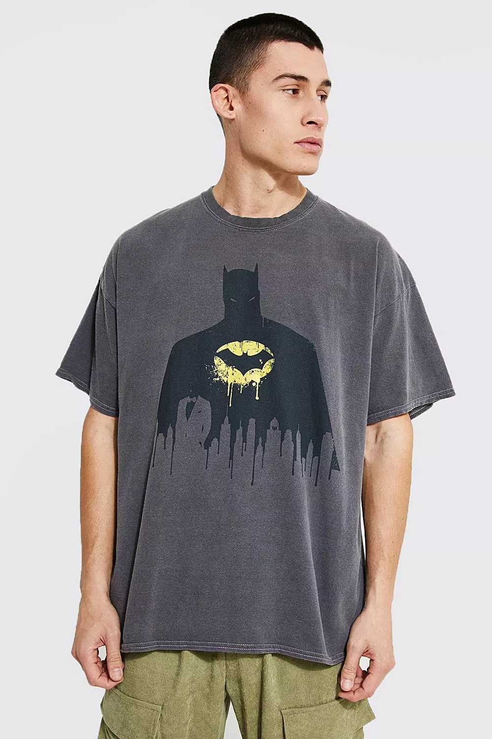 Oversized Batman License Acid Wash T-shirt Charcoal