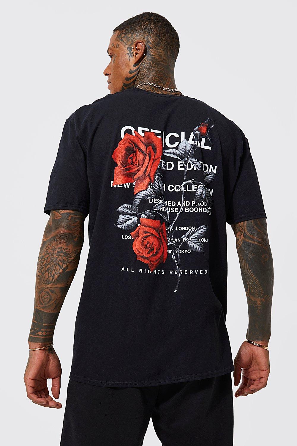 boohooMAN Plus Size Oversized Rose Back Graphic T-Shirt