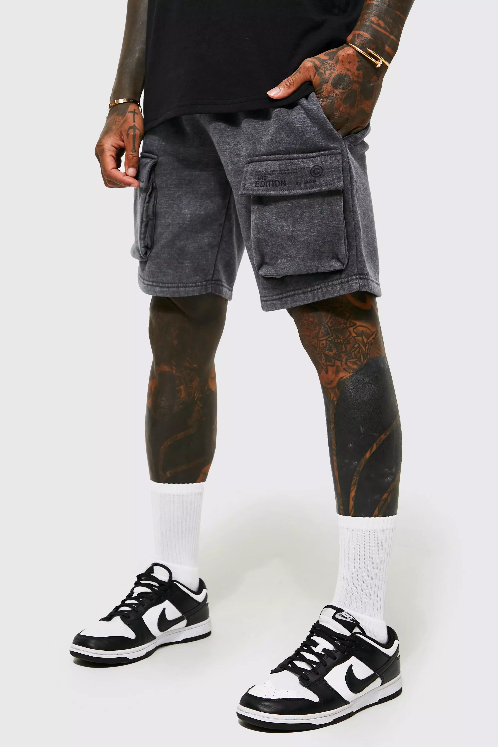 Loose Fit Washed Cargo Sweat Shorts Charcoal