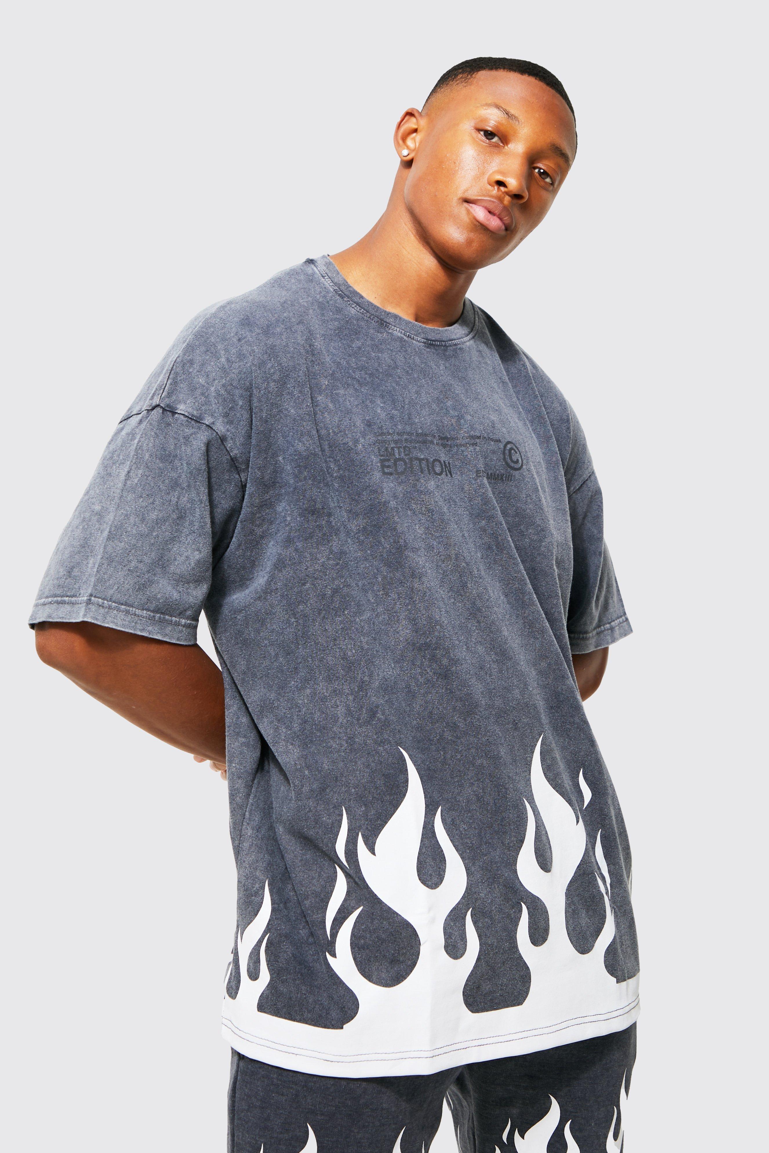 Oversized Flame Print Acid Wash T-shirt