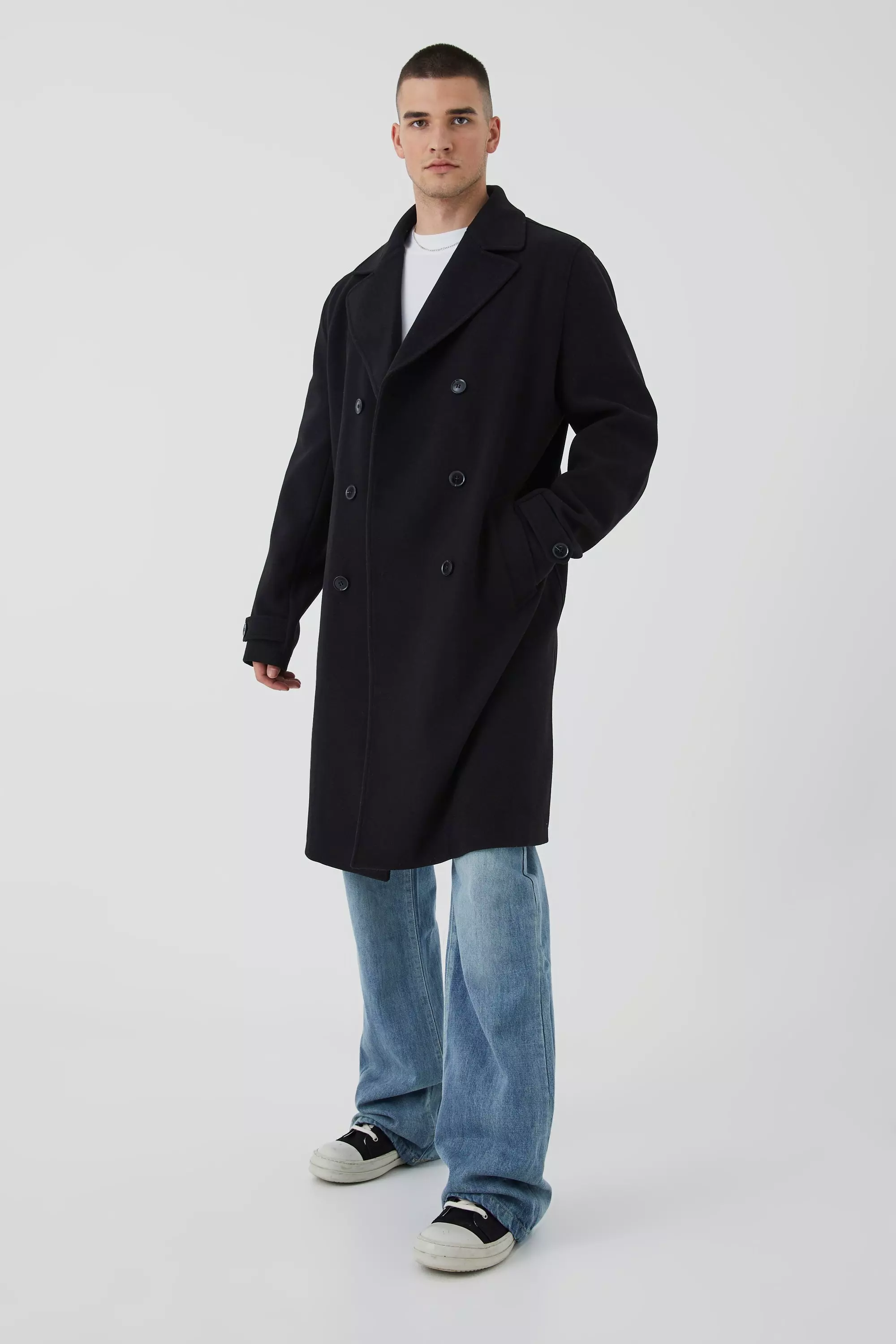 Black Tall Double Breasted Wool Look Overcoat in Black
