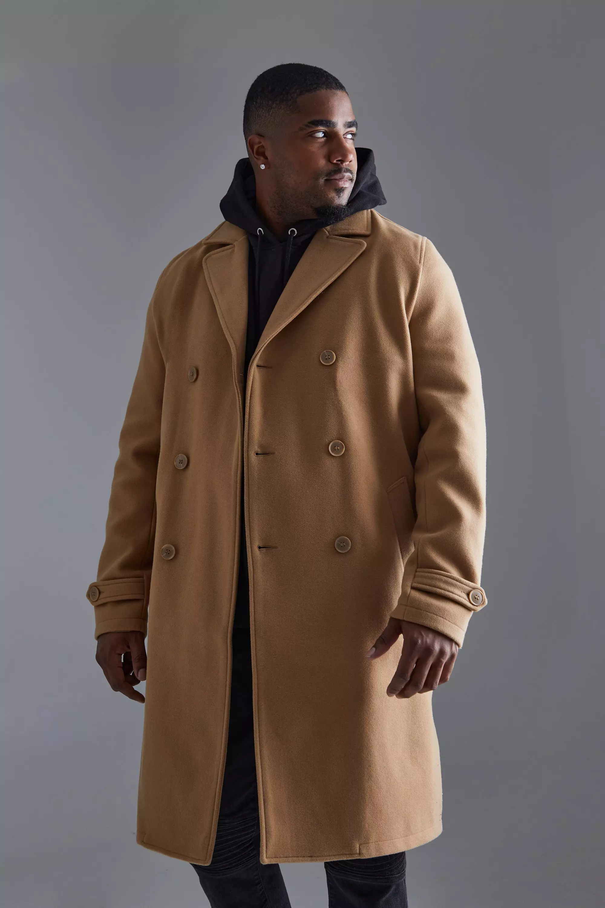 Tall Double Breasted Wool Look Overcoat in Camel boohooMAN USA