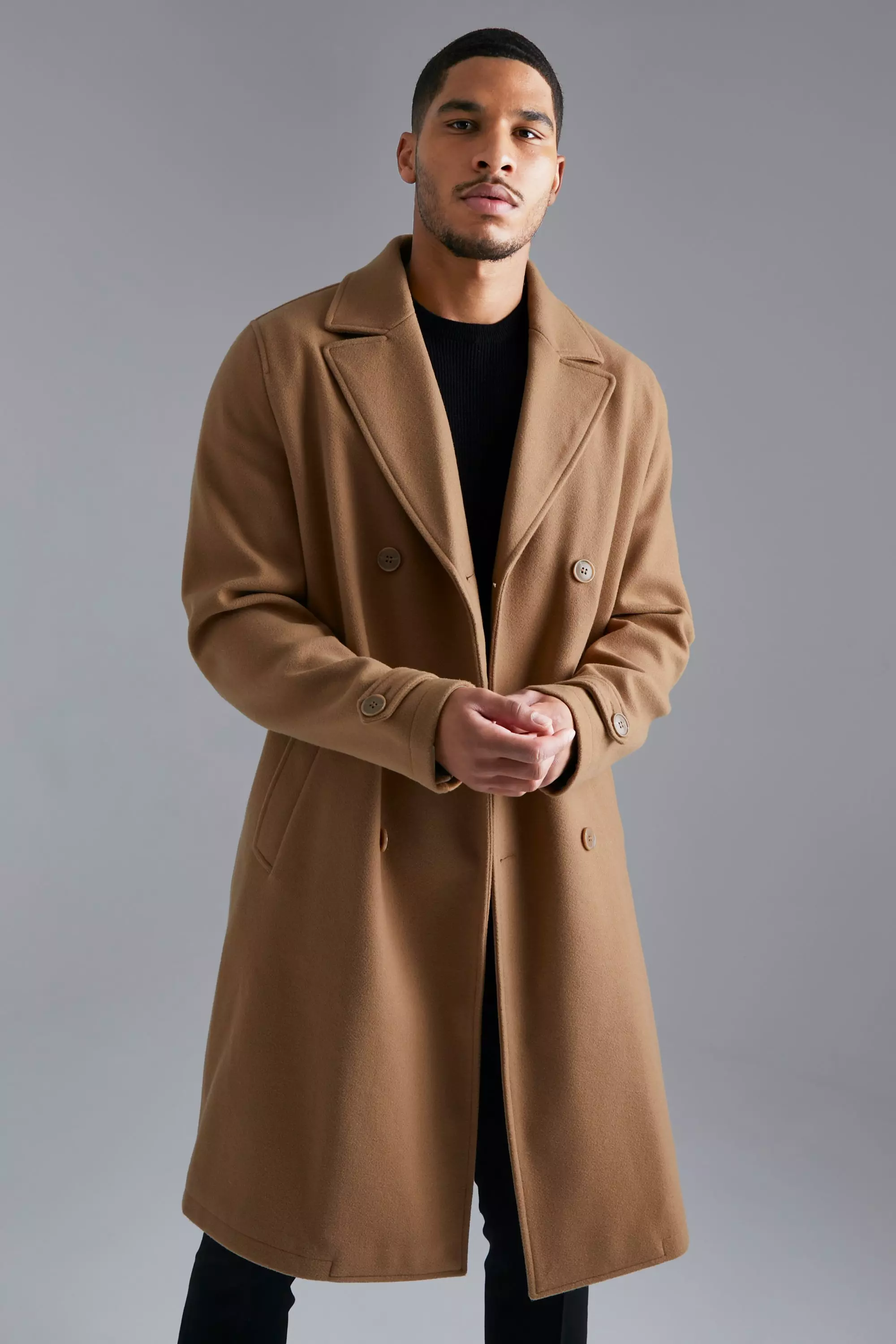 Tall Double Breasted Wool Look Overcoat in Camel boohooMAN