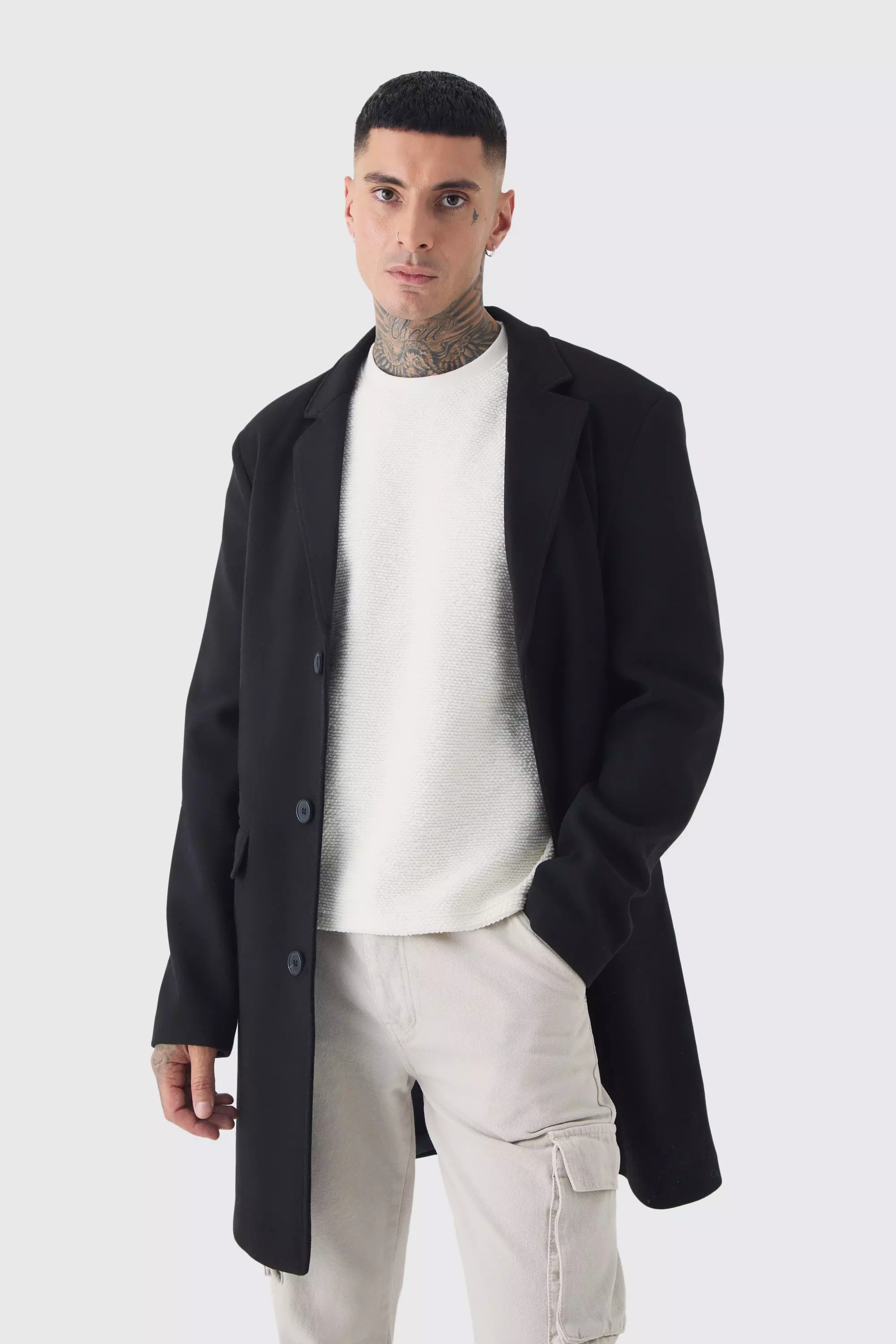 Tall Single Breasted Wool Look Overcoat in Black boohooMAN UK