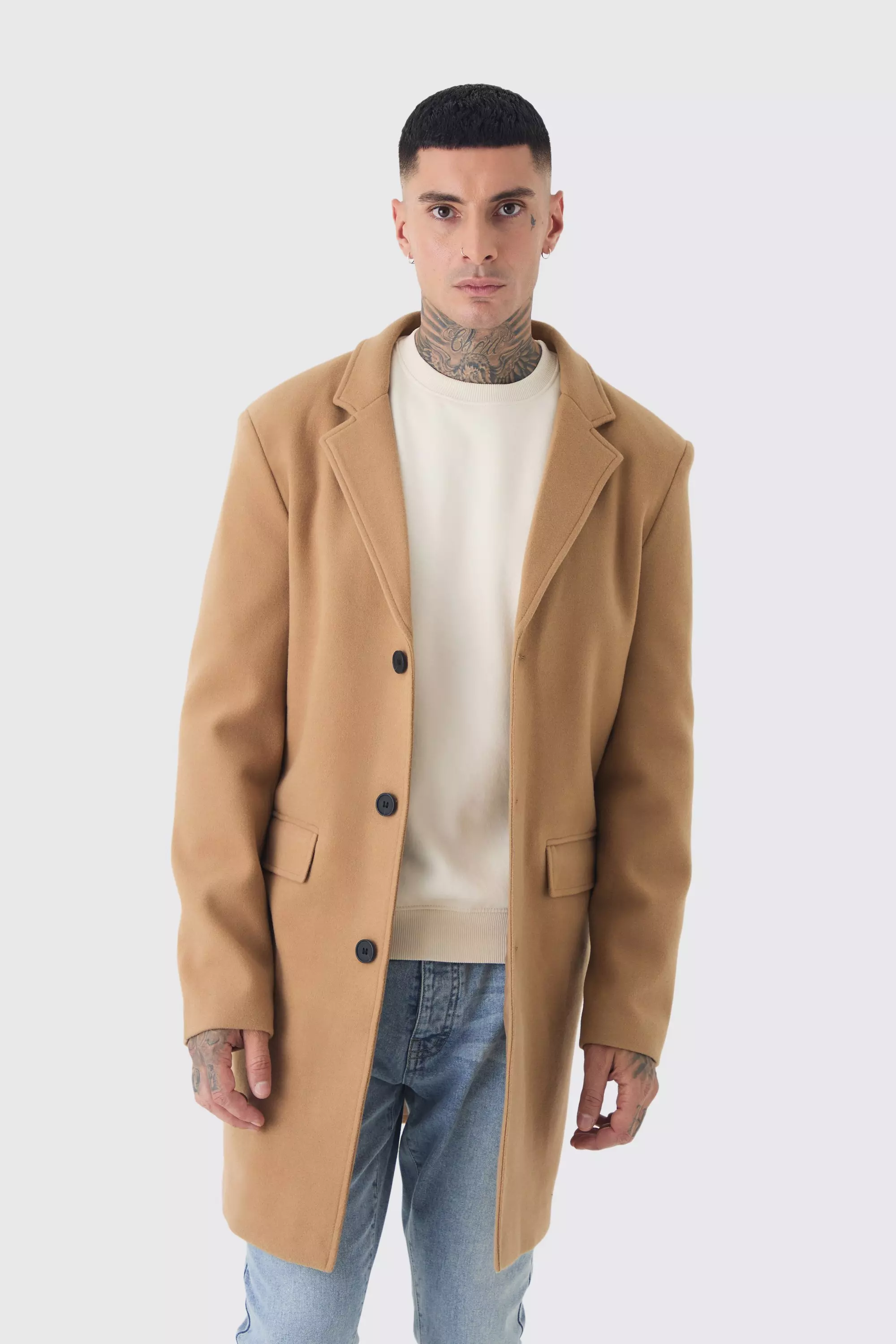 Tall Single Breasted Wool Look Overcoat in Camel Camel