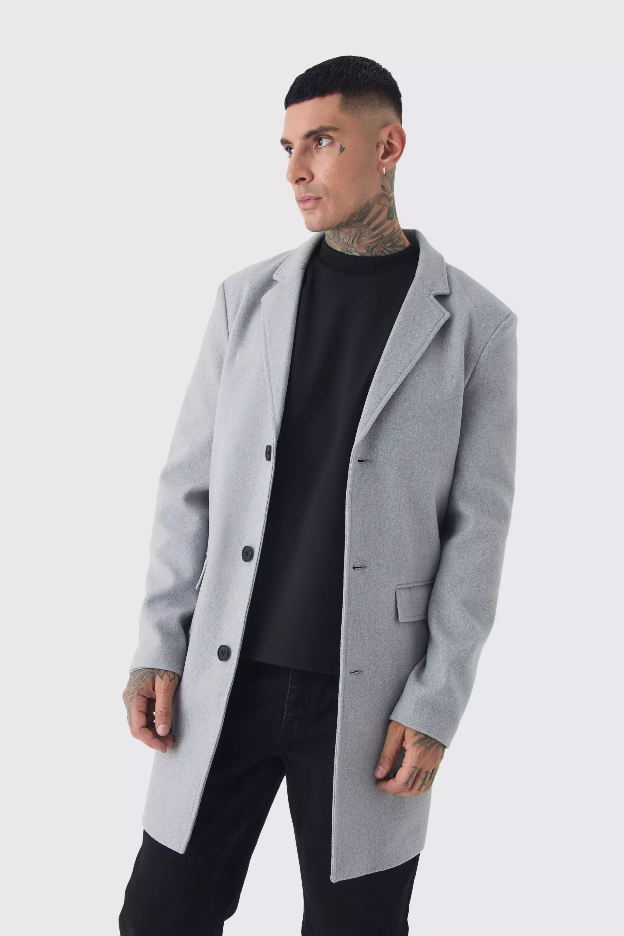 Tall Single Breasted Wool Look Overcoat in Grey boohooMAN UK