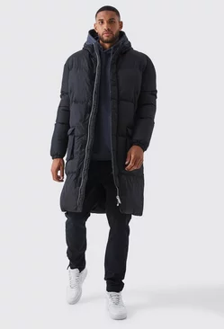 Tall 4 Pocket Longline Hooded Puffer Jacket in Black Black