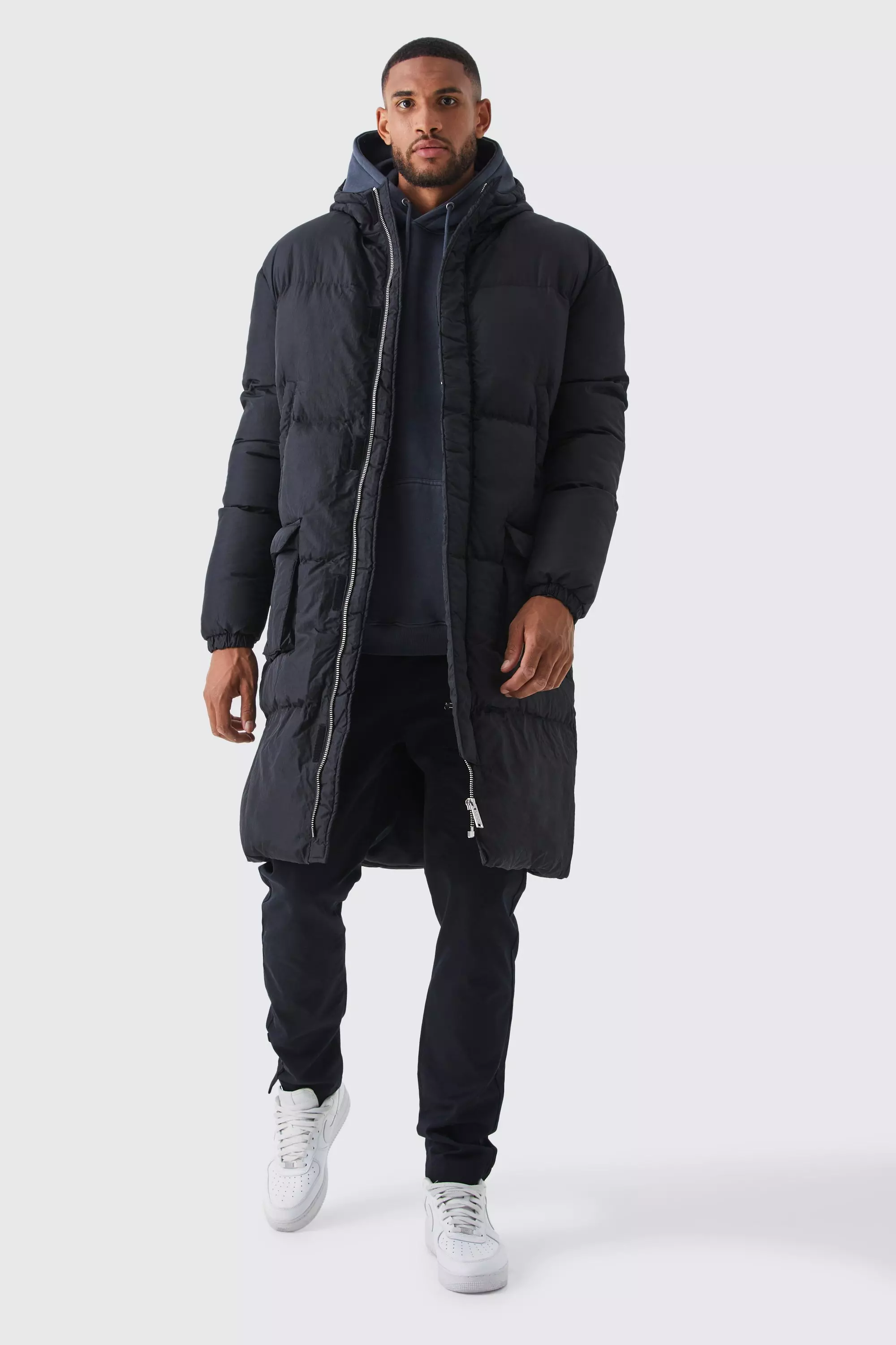 Black Oversized Curved Panel Puffer Jacket