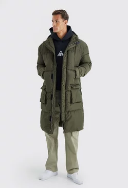 Tall 4 Pocket Longline Hooded Puffer Jacket in Khaki Khaki
