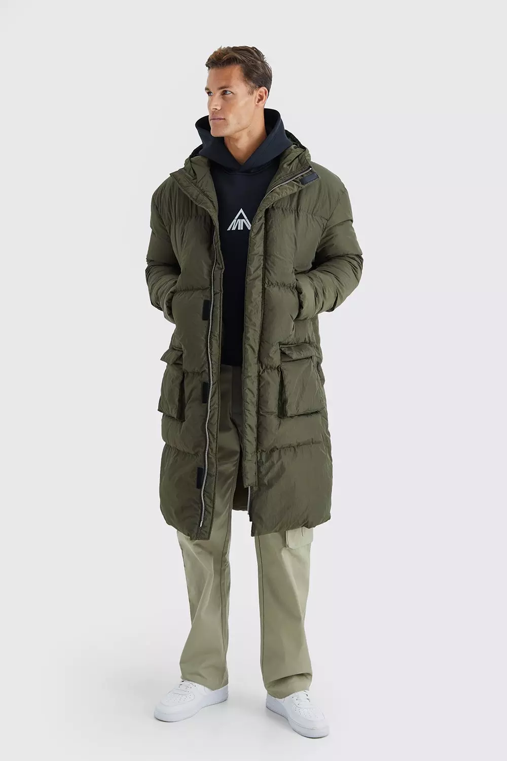 Mens Tall 4 Pocket Longline Hooded Puffer Jacket in Khaki Green