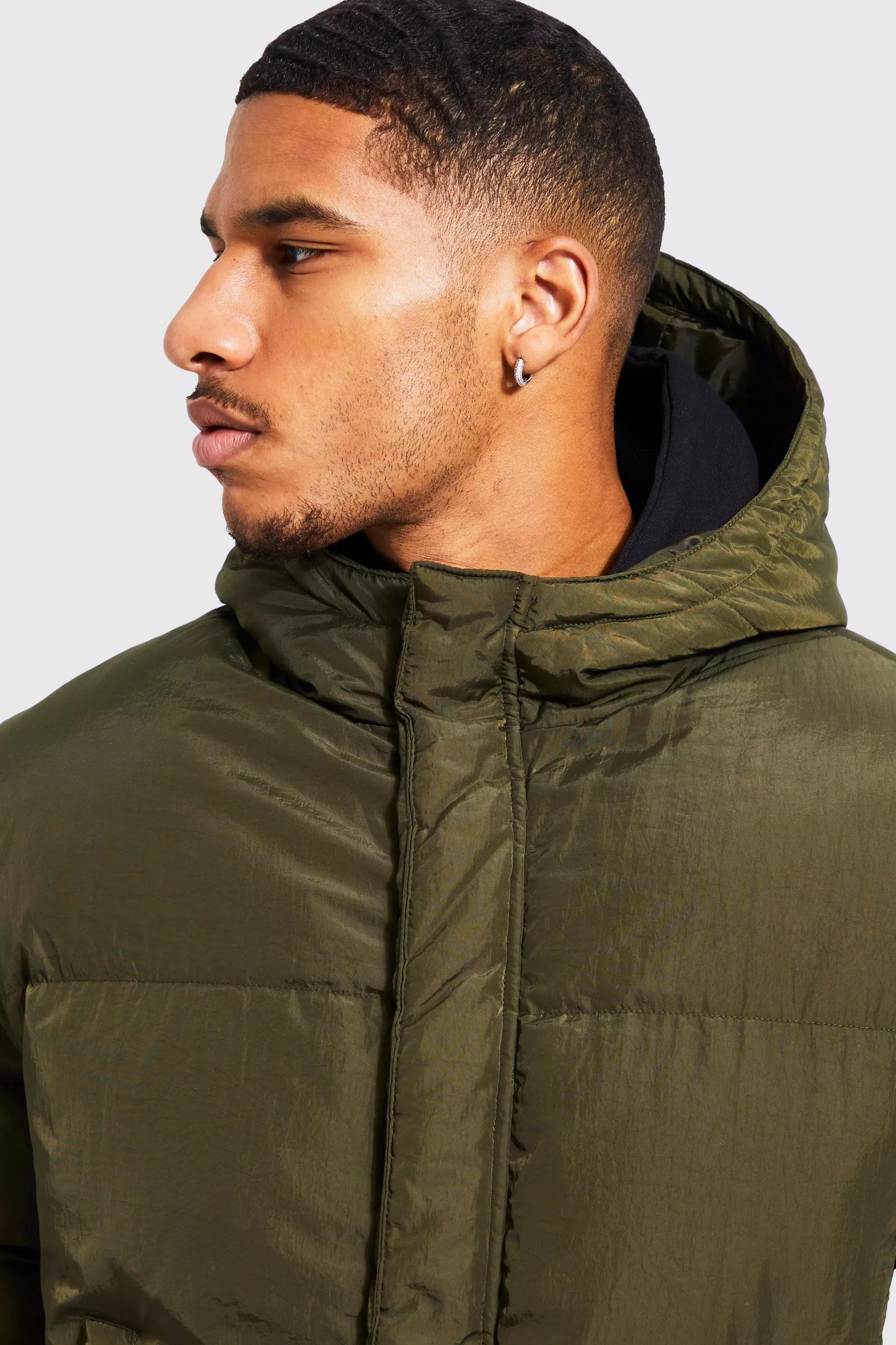 Tall 4 Pocket Longline Hooded Puffer Jacket in Khaki boohooMAN USA