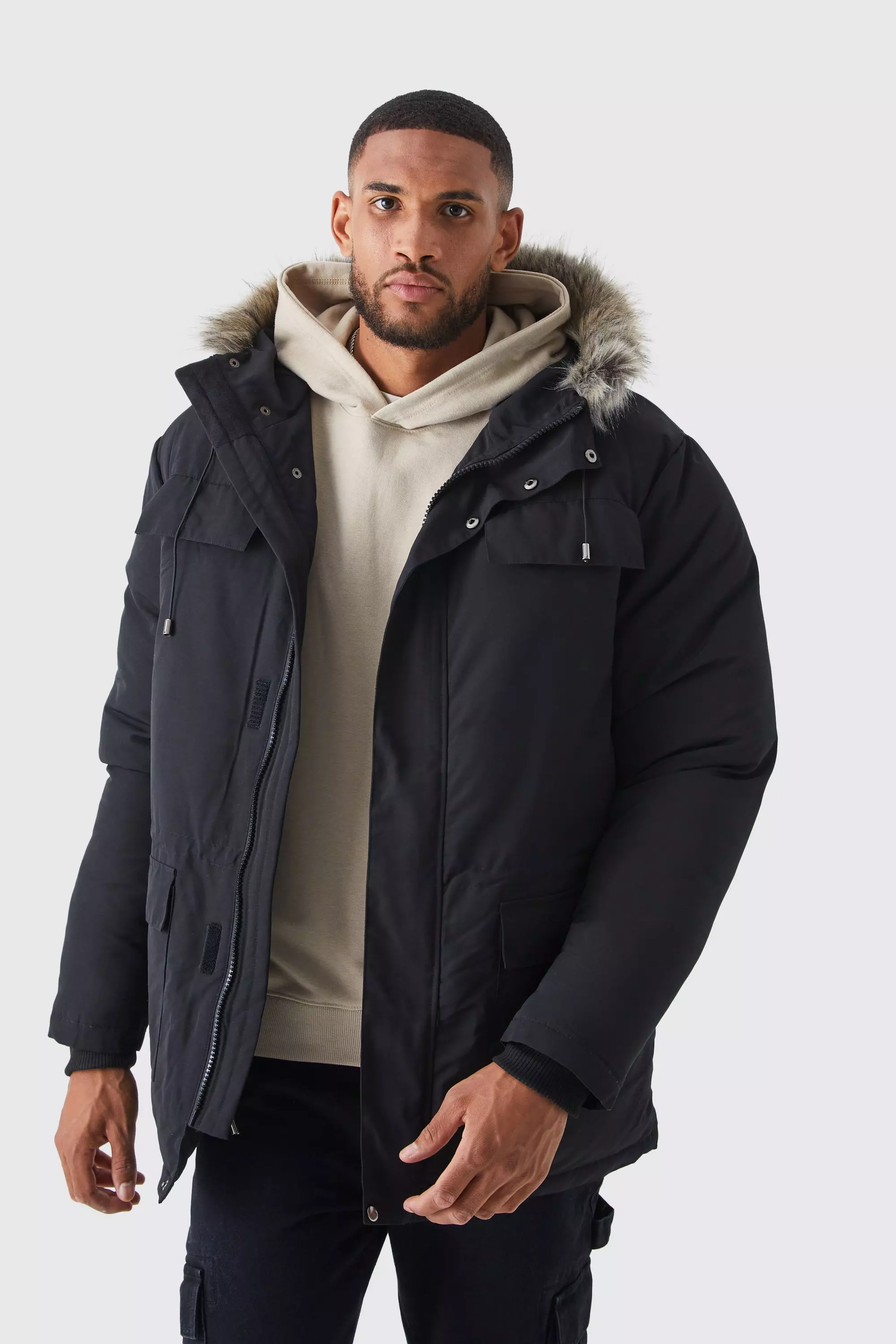 Tall Faux Fur Hooded Arctic Parka Black