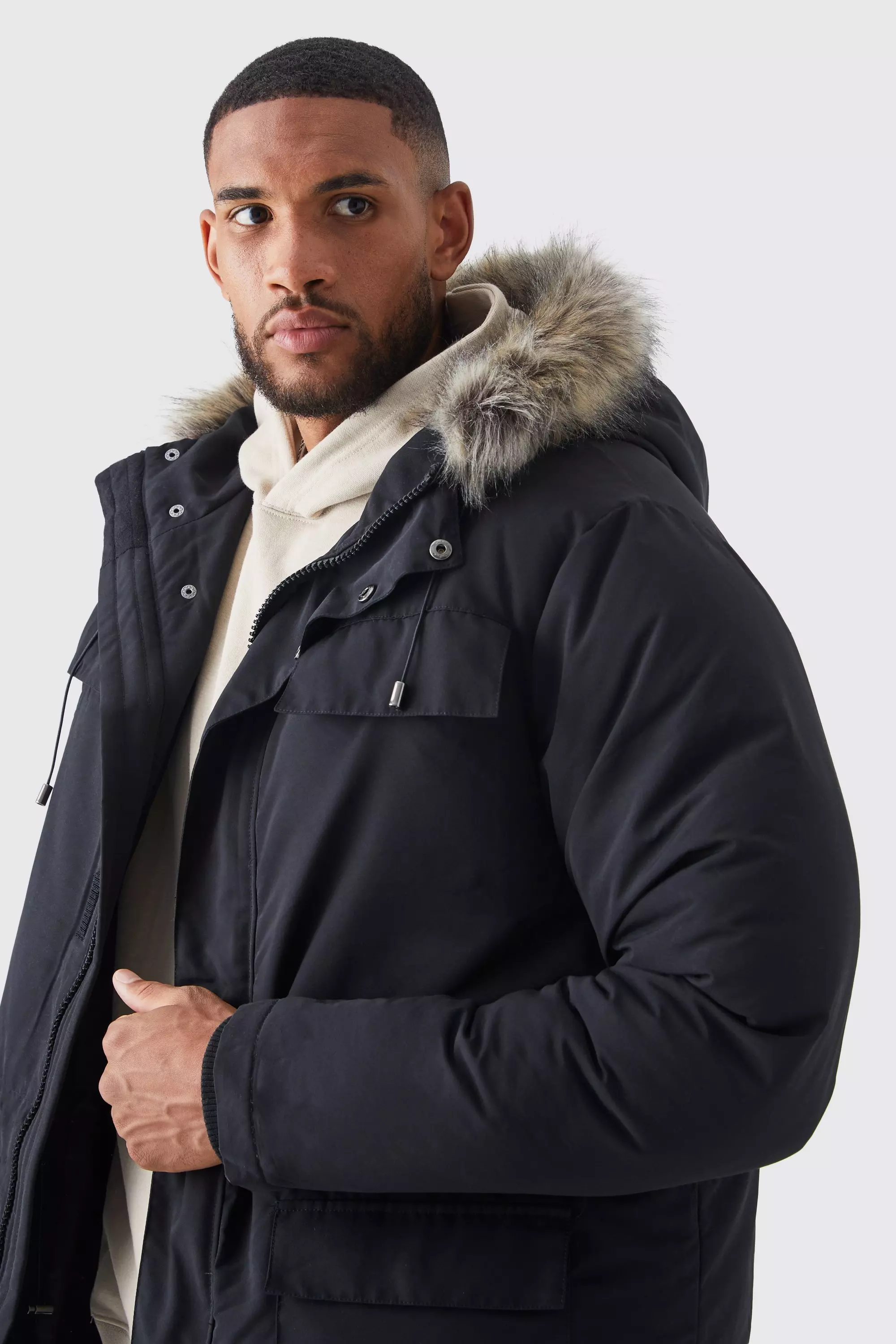 Tall Parka mit Kapuze und Fell-Detail, Black alternatives Bild