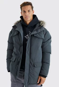 Grey Tall Faux Fur Hooded Arctic Parka Jacket in Charcoal