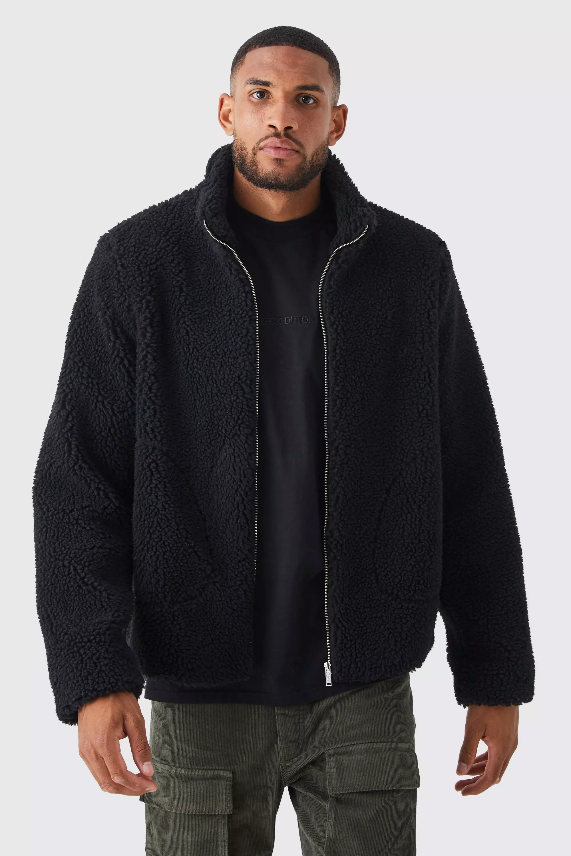 Tall Borg Funnel Neck Jacket in Black boohooMAN