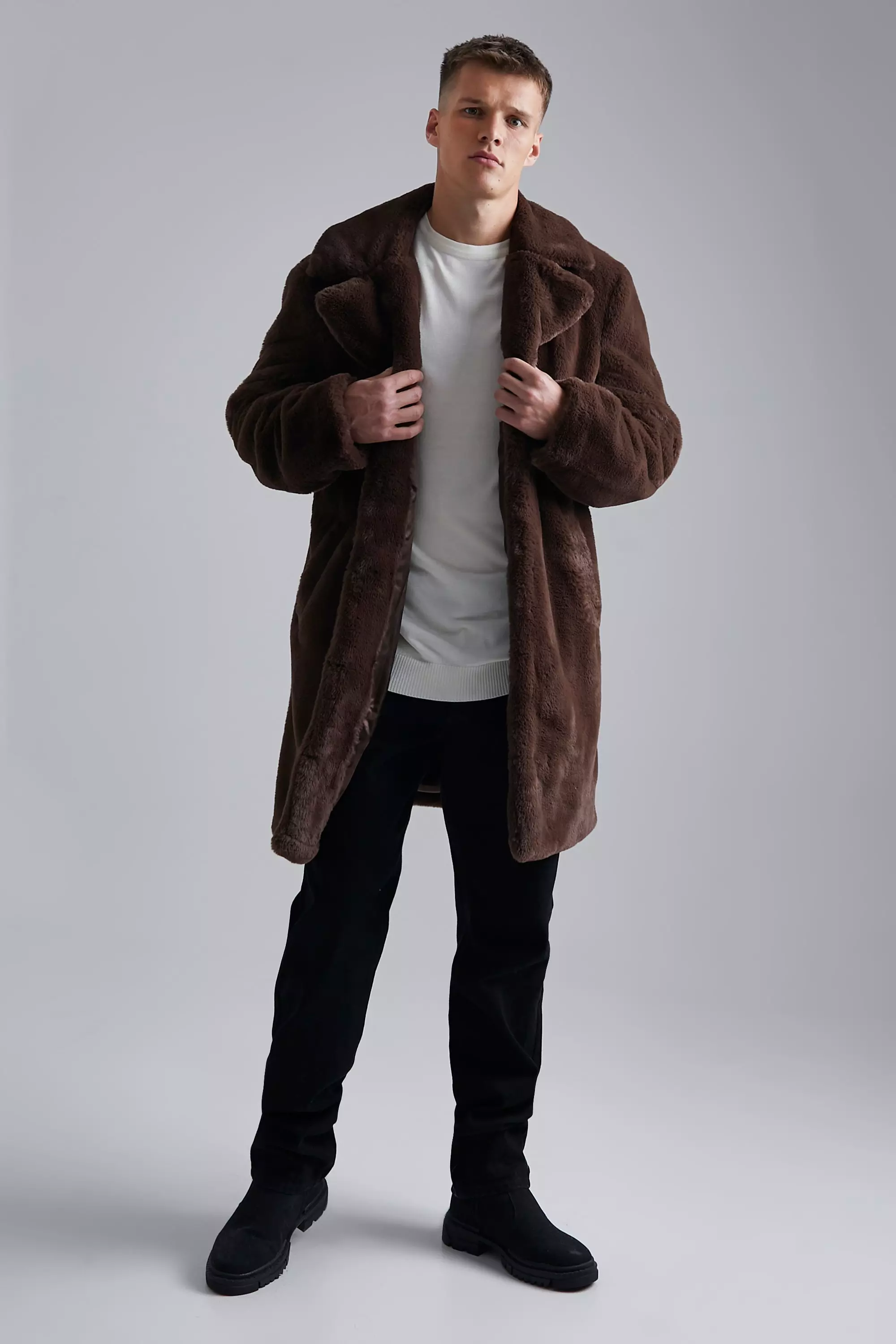 Tall Faux Fur Overcoat boohooMAN UK