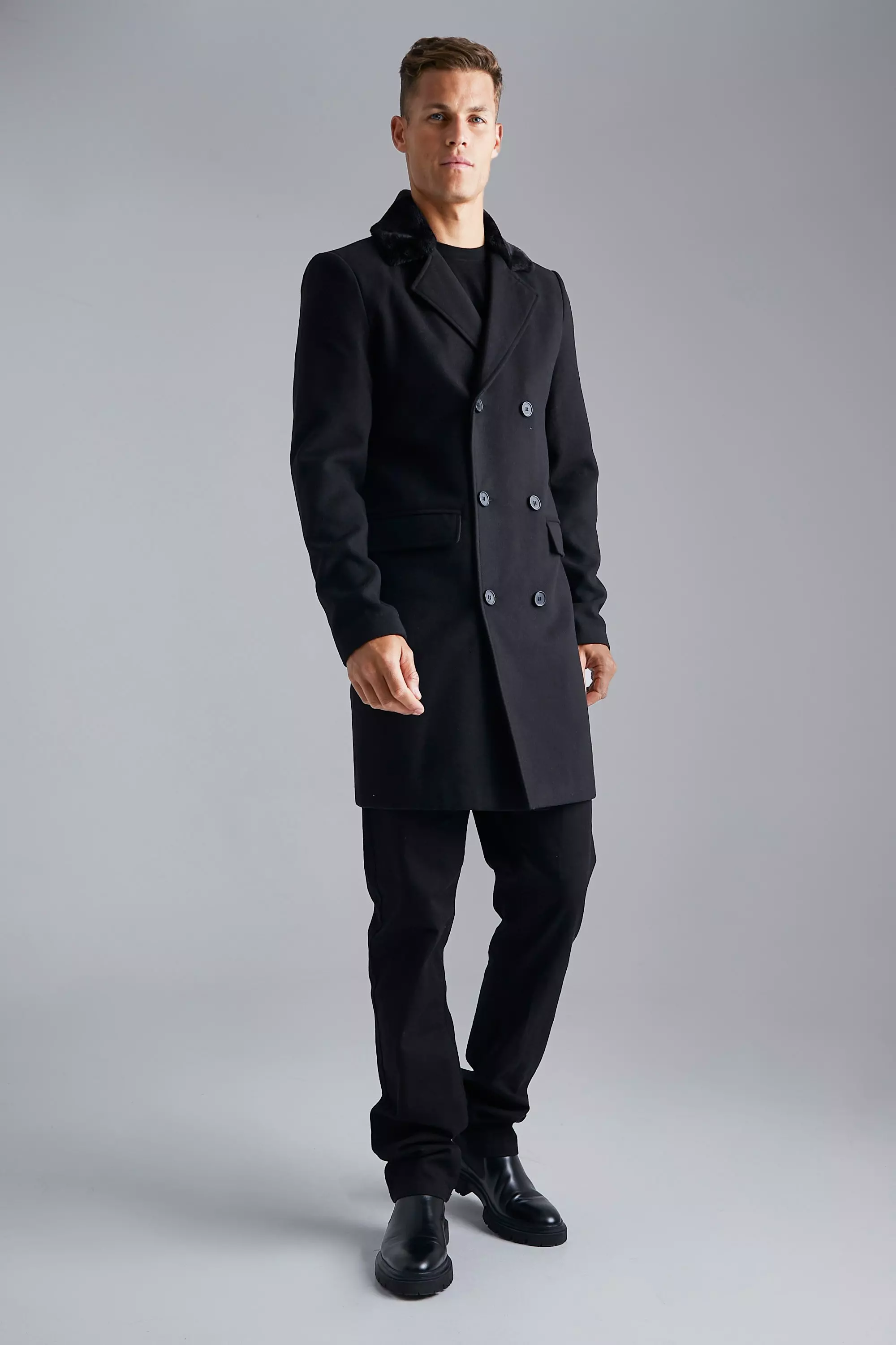 Tall Double Breasted Faux Fur Overcoat boohooMAN