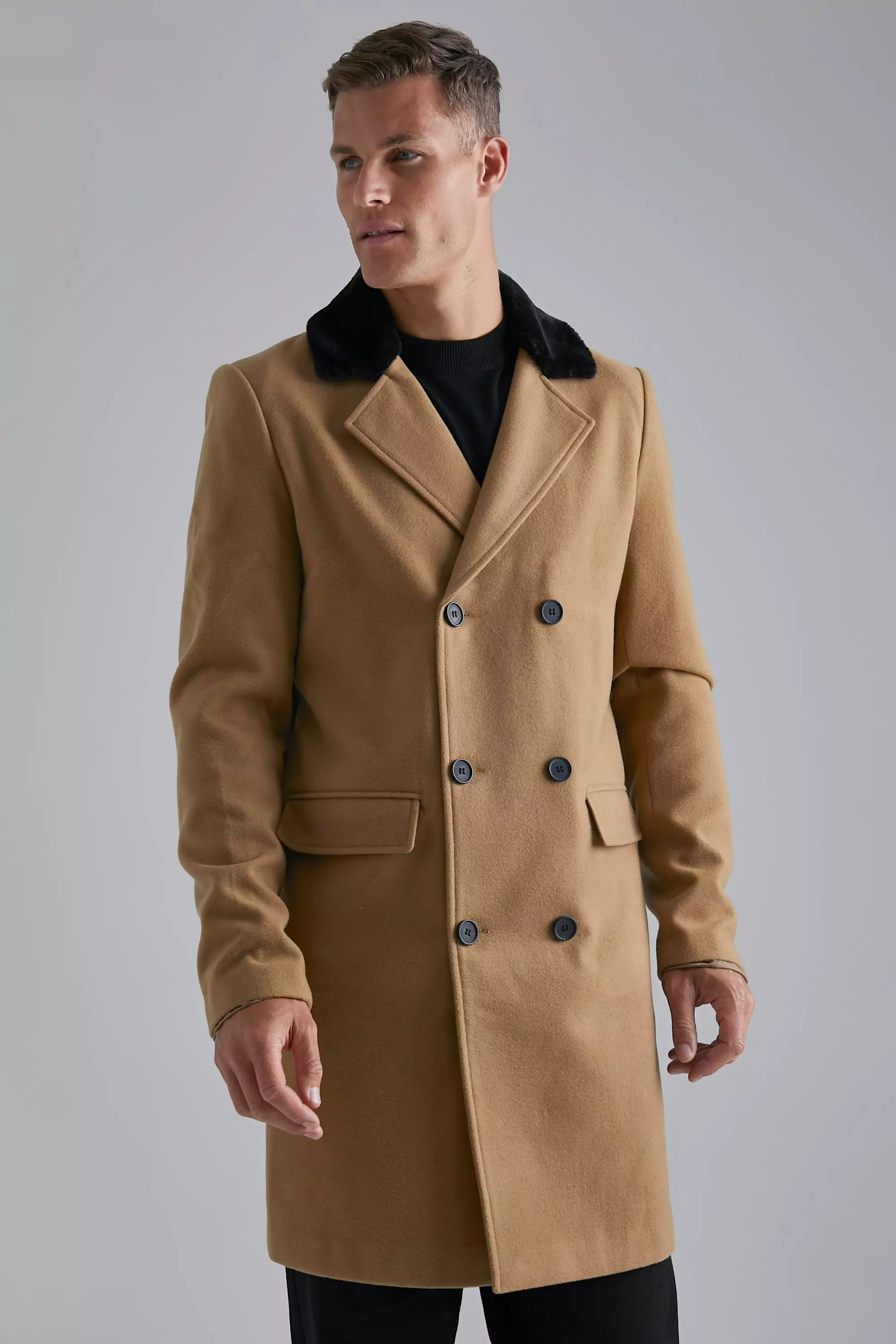 Camel Beige Tall Double Breasted Faux Fur Overcoat