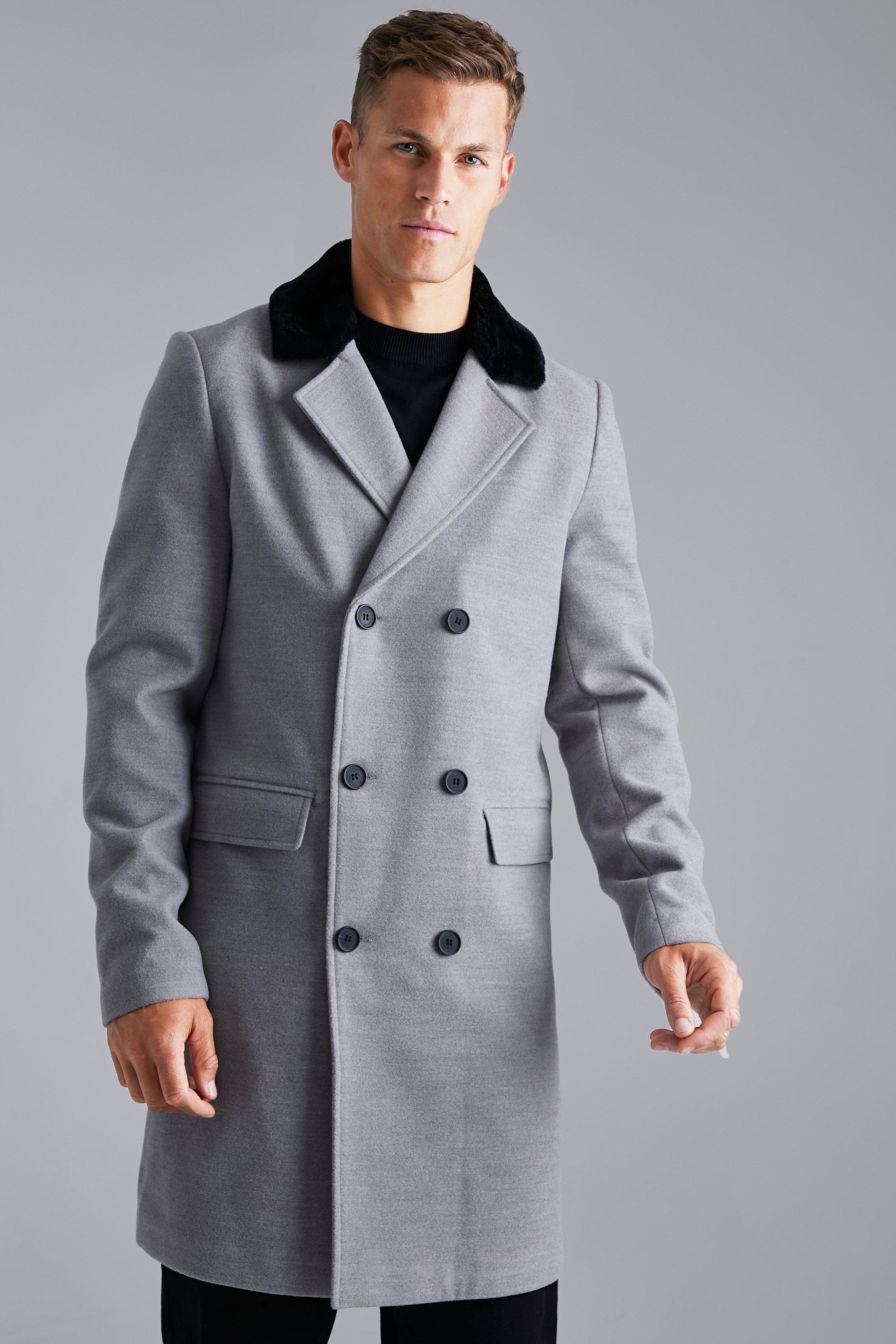 Tall Double Breasted Faux Fur Overcoat | boohooMAN UK