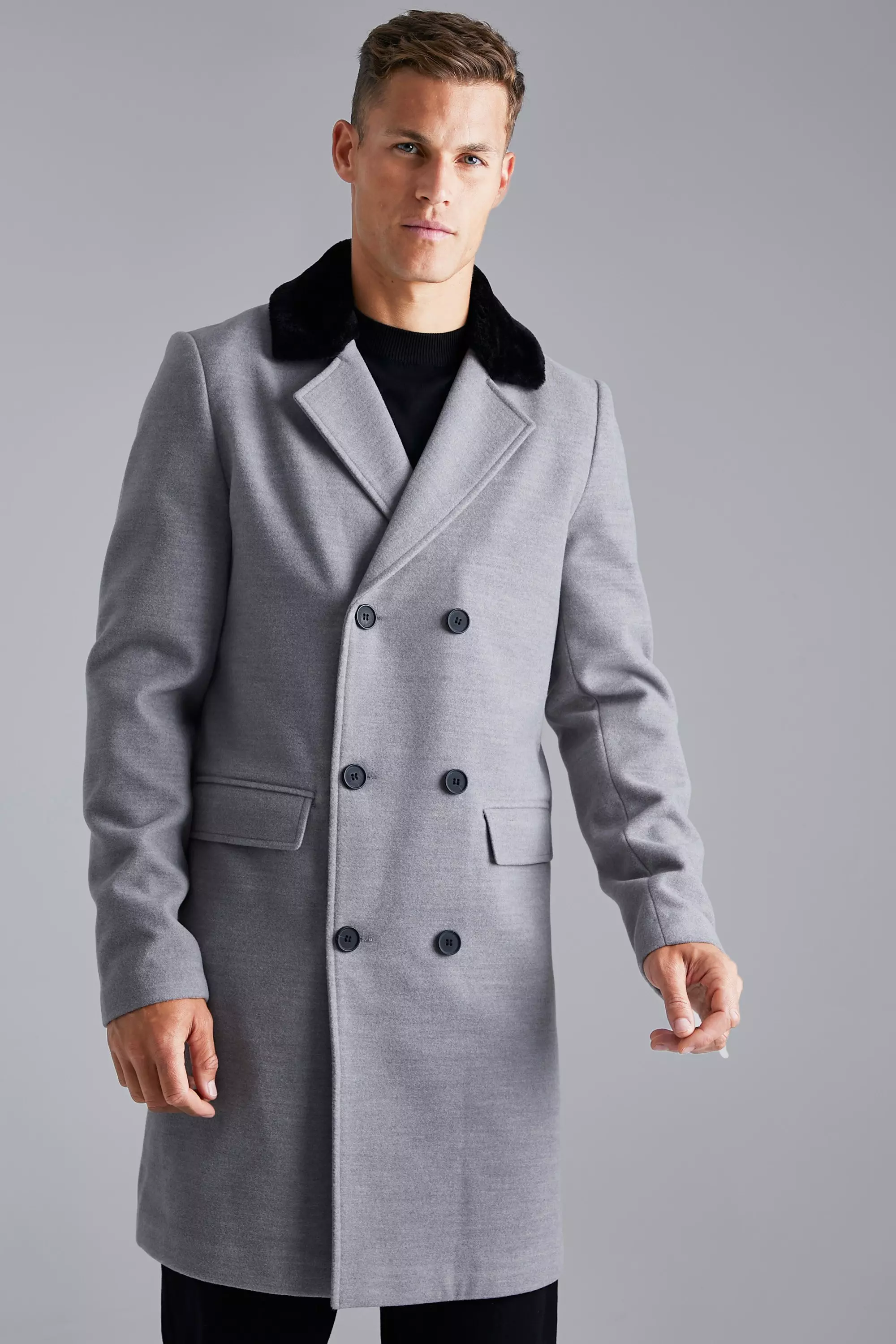 Tall Double Breasted Faux Fur Overcoat Grey