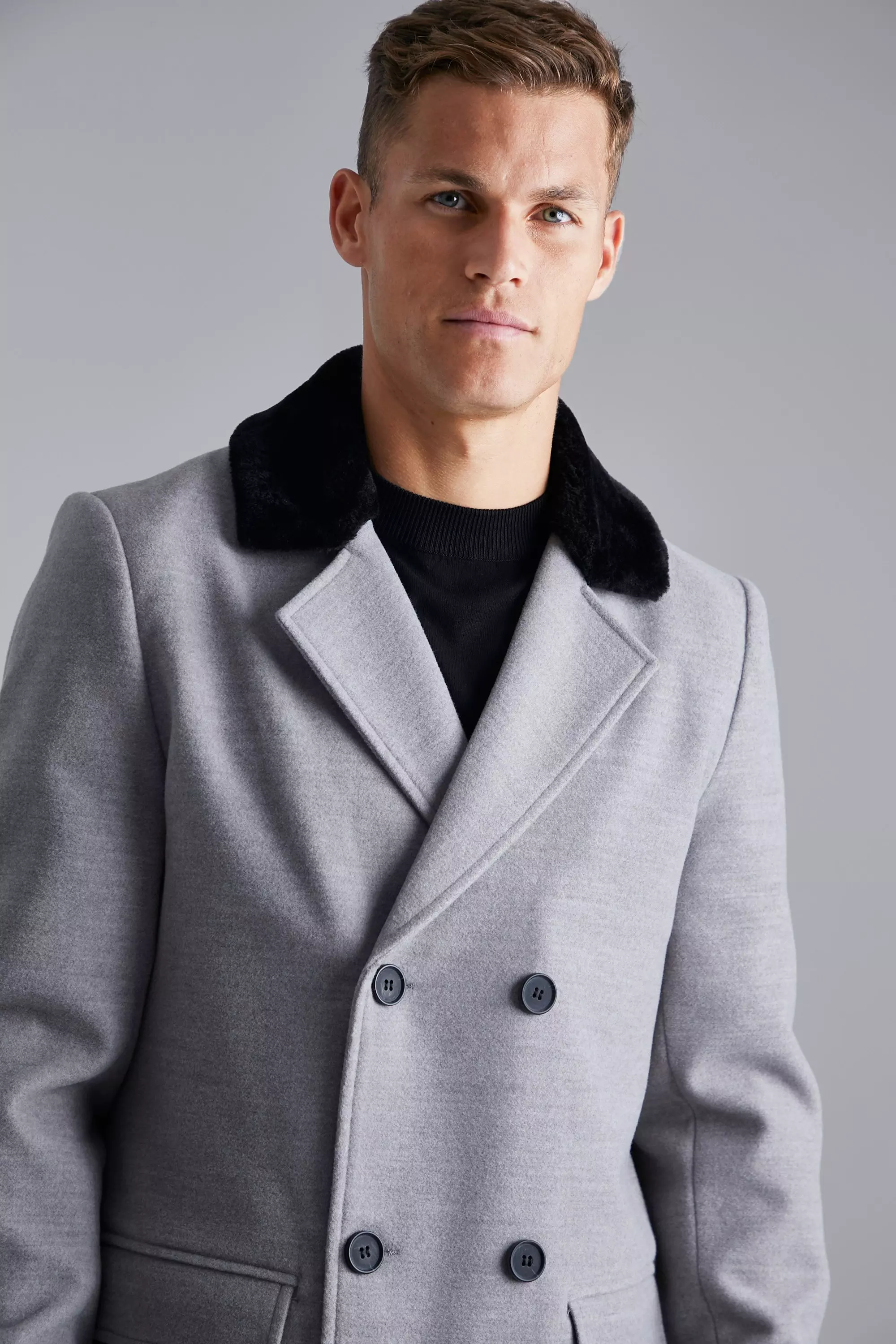 Tall Double Breasted Faux Fur Overcoat boohooMAN USA